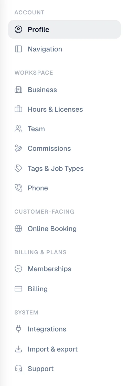The Settings menu, grouped into Account, Workspace, Customer-facing, Billing & plans, and System