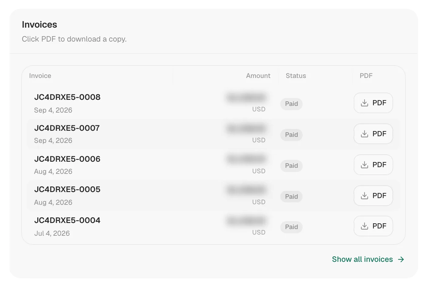 The Invoices card on the Billing page, with a PDF button on each bill