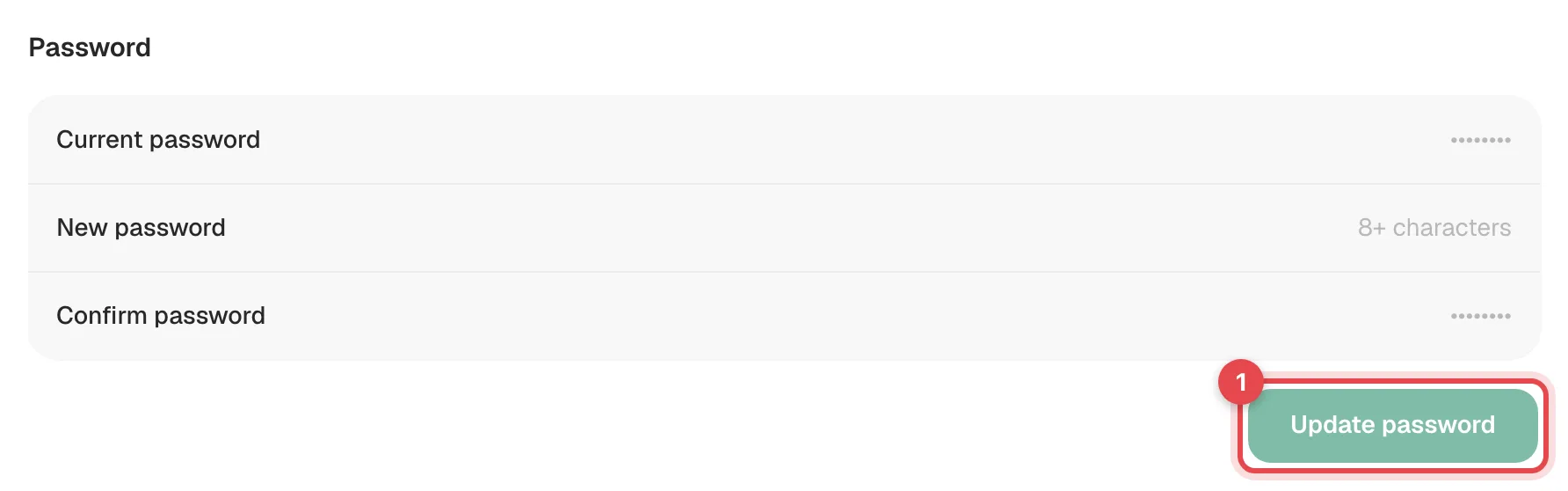 The Password section of the Profile page with the Update password button highlighted