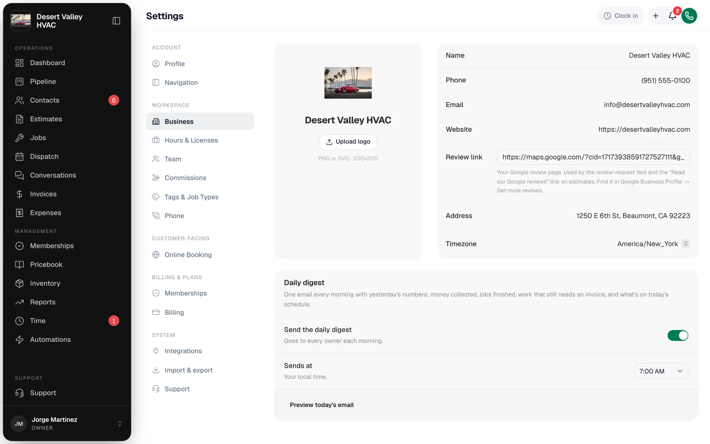 The Business settings page with the logo, company details, and daily digest