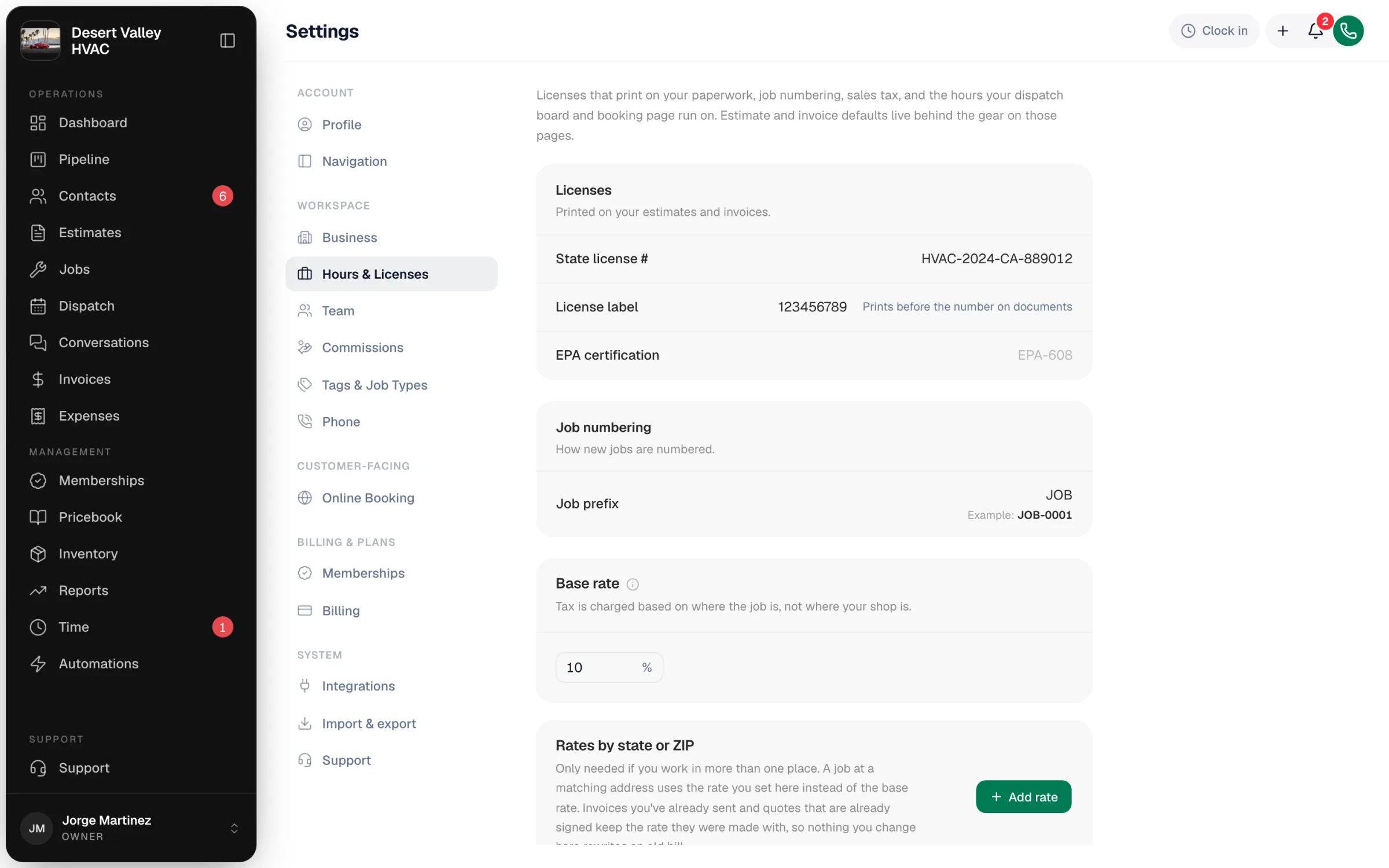 The Hours & Licenses page with licenses, job numbering, and sales tax