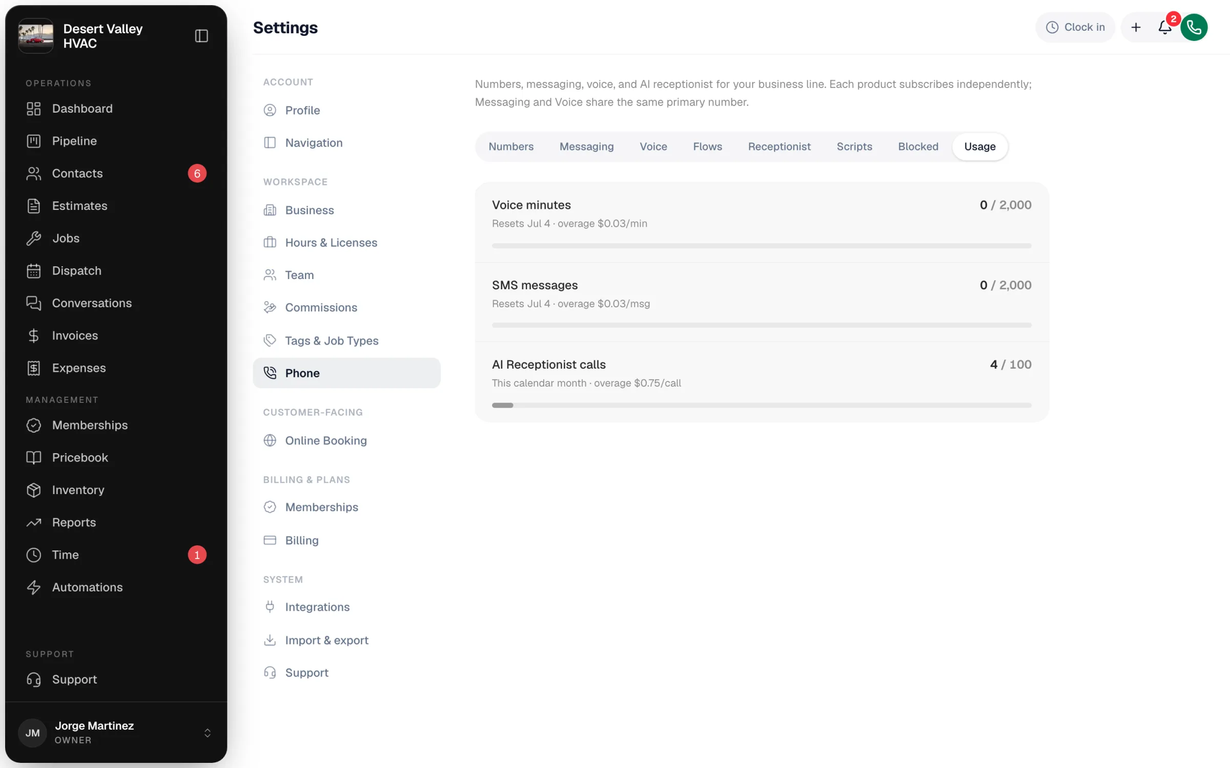 Settings, Phone, Usage tab showing voice minutes, SMS messages and AI Receptionist calls