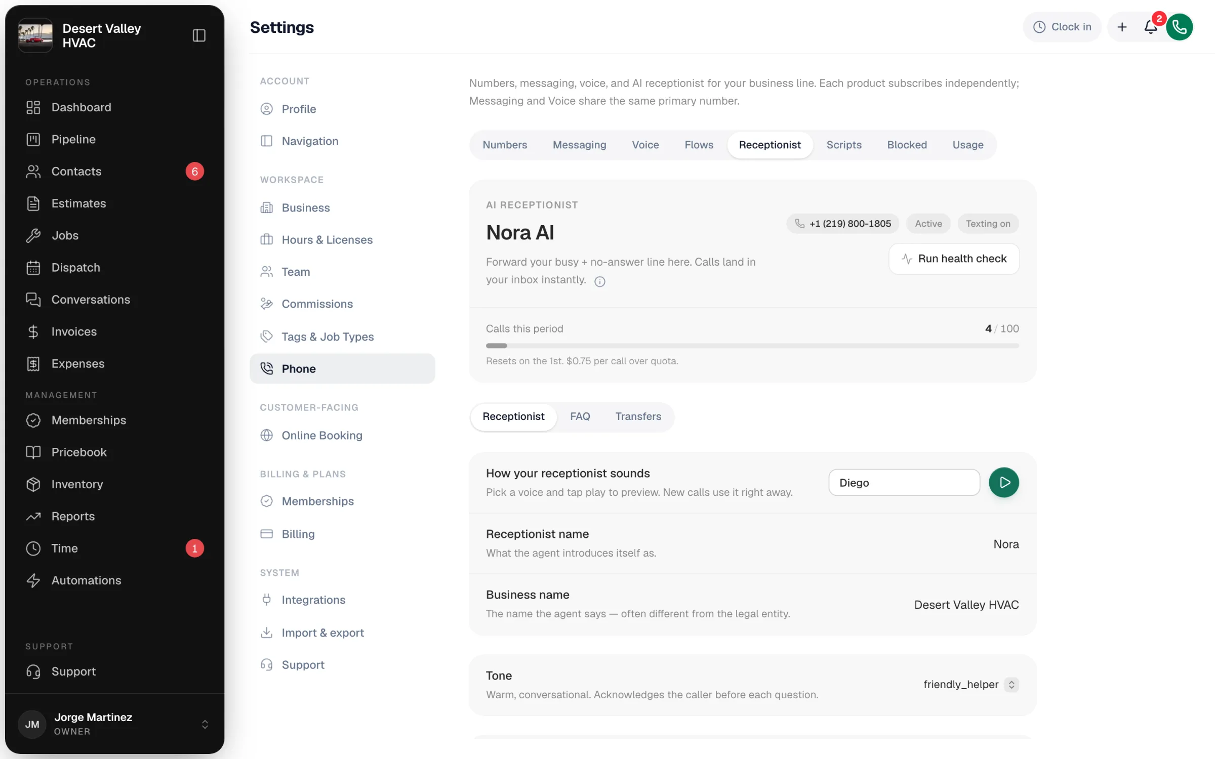 Settings, Phone, Receptionist tab showing the receptionist card and the voice, name and business name settings