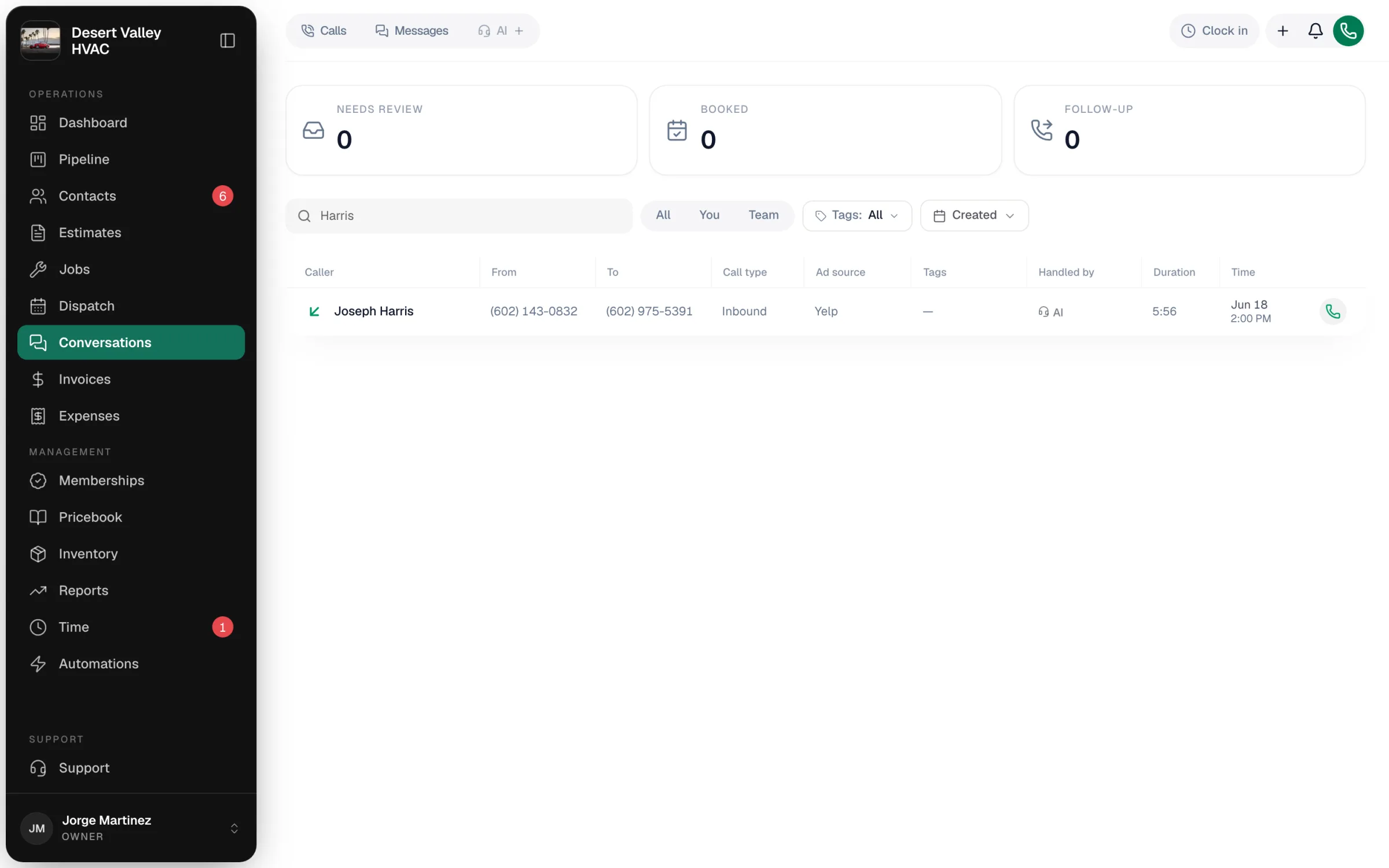 Conversations, AI view with the Needs review, Booked and Follow-up tiles
