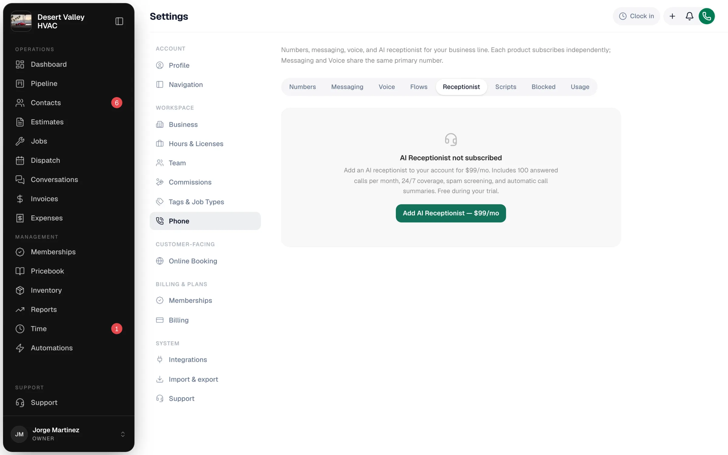 Settings, Phone, Receptionist tab before activation, with the Add AI Receptionist button