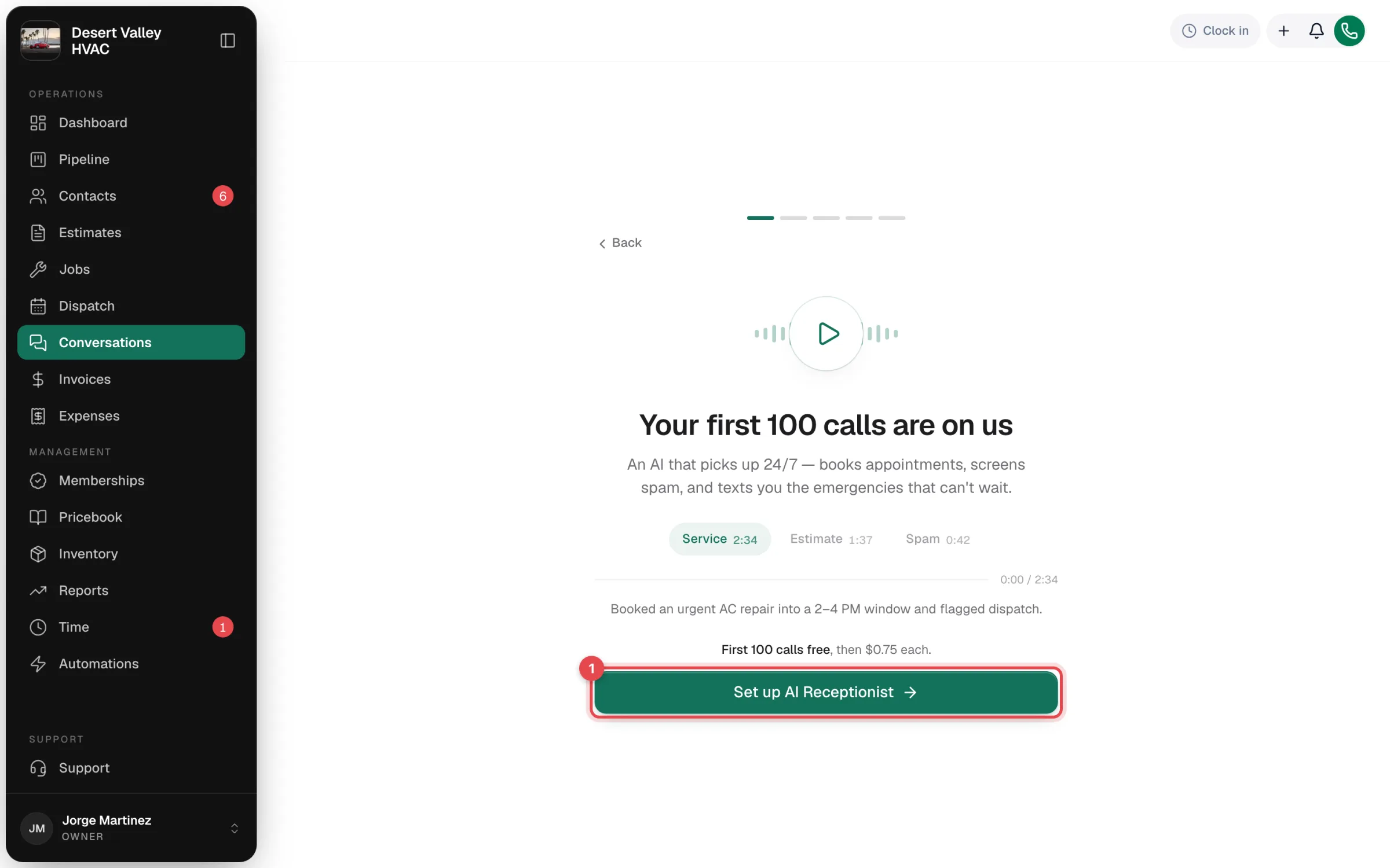 AI Receptionist sign-up screen with sample calls and the Set up AI Receptionist button