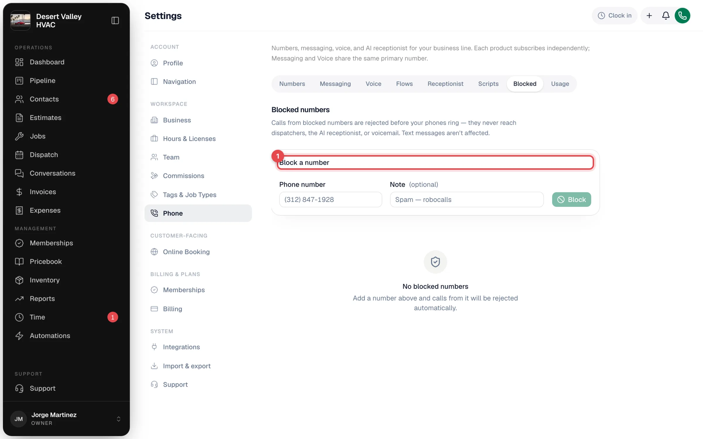 Settings, Phone, Blocked tab with the Block a number form