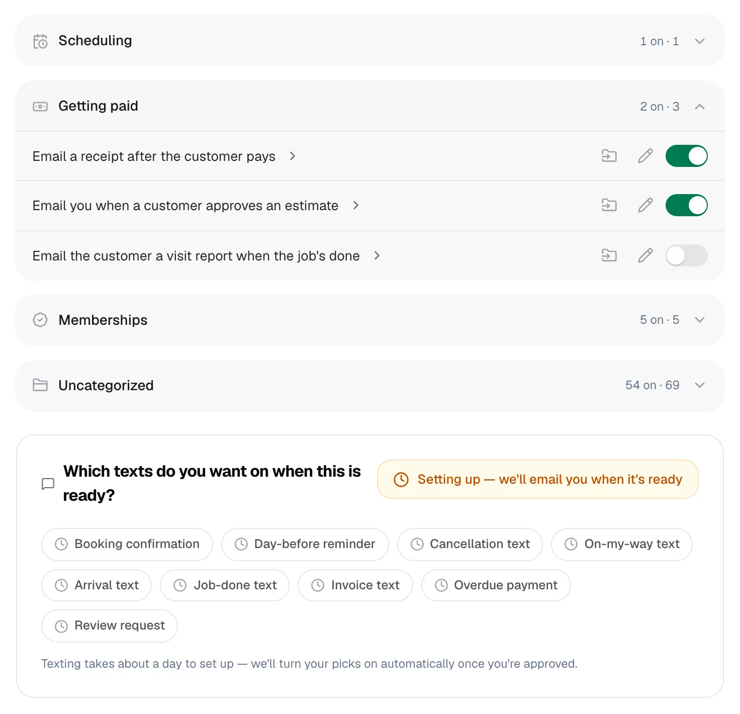 Automations folders with the Getting paid folder open