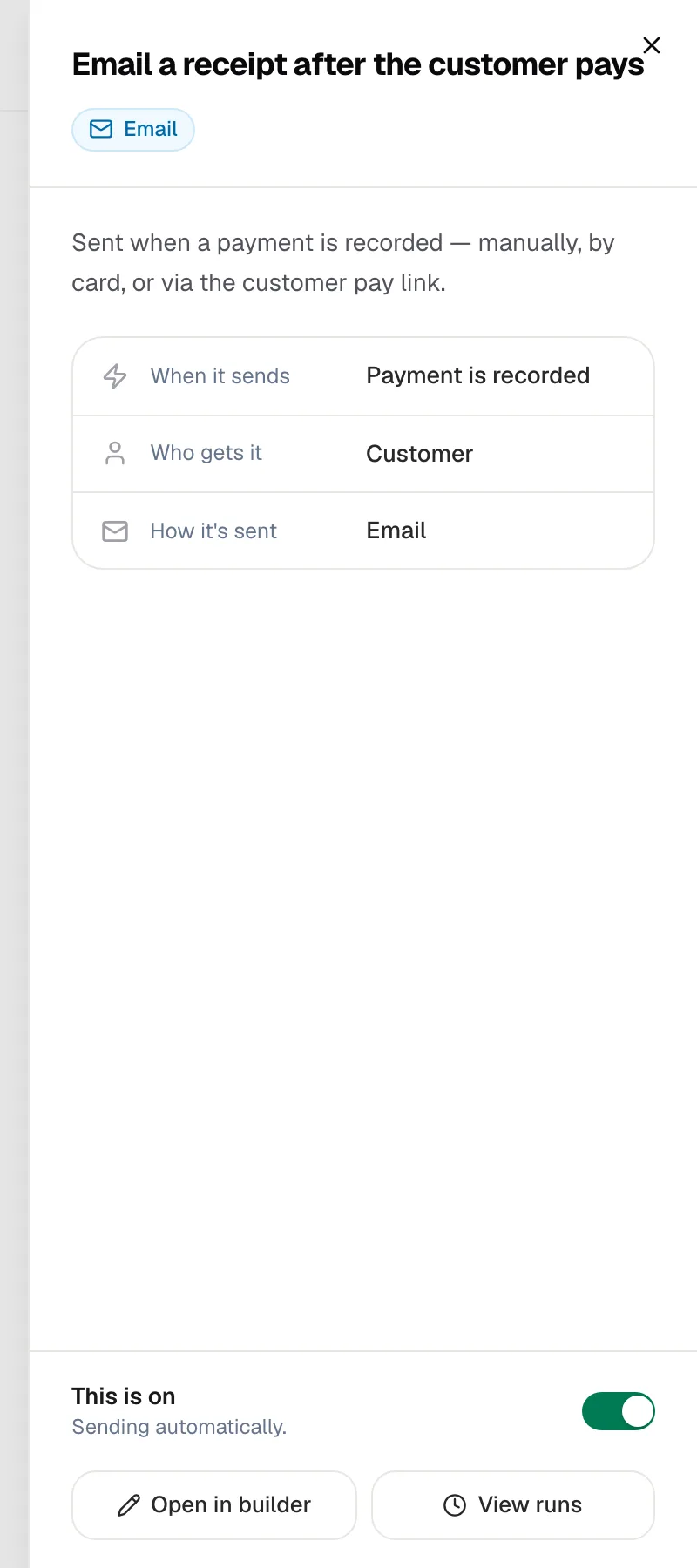 Detail panel for the payment receipt email