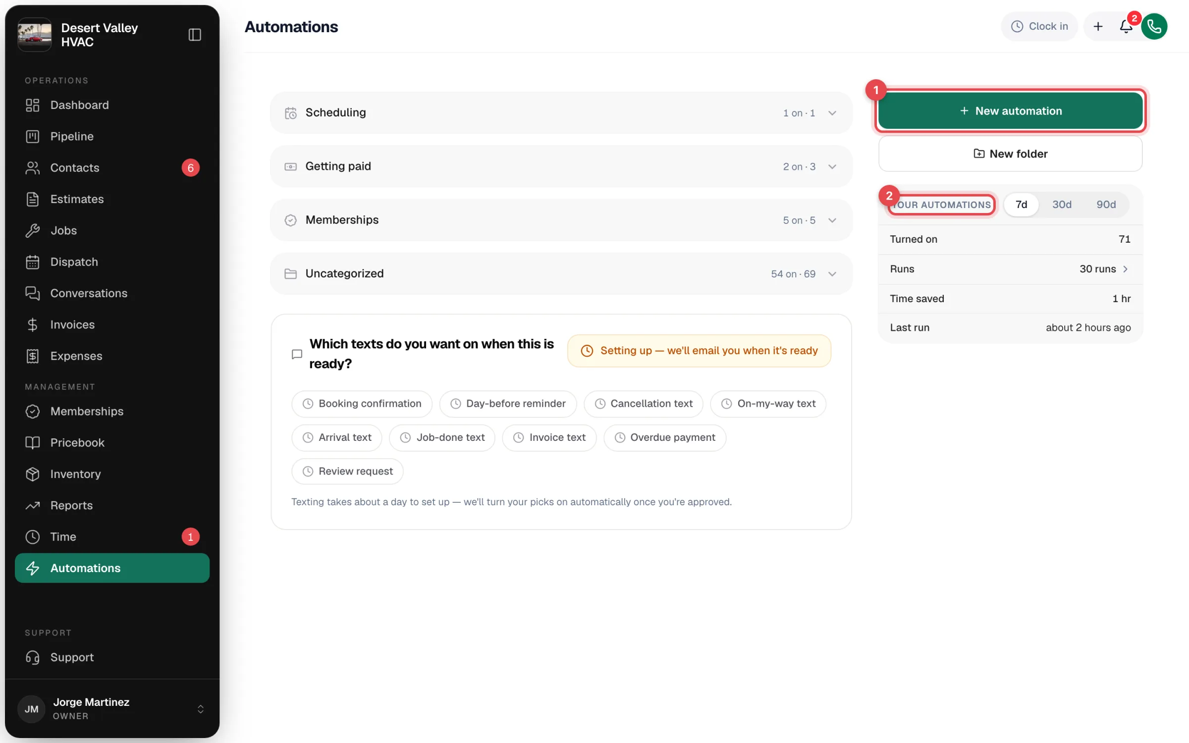 The Automations page with its folders and the business texting card