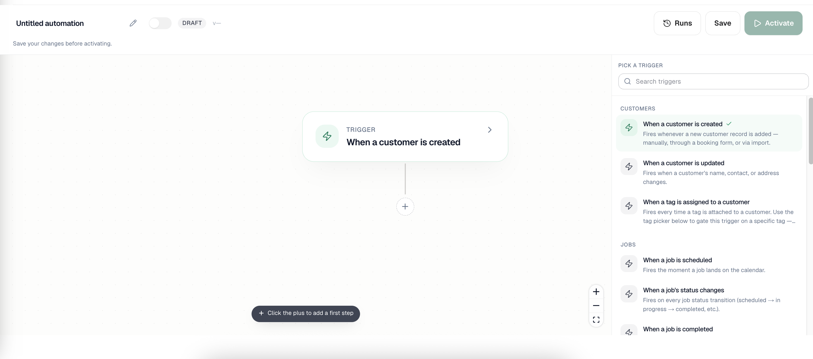 Action picker on the builder canvas