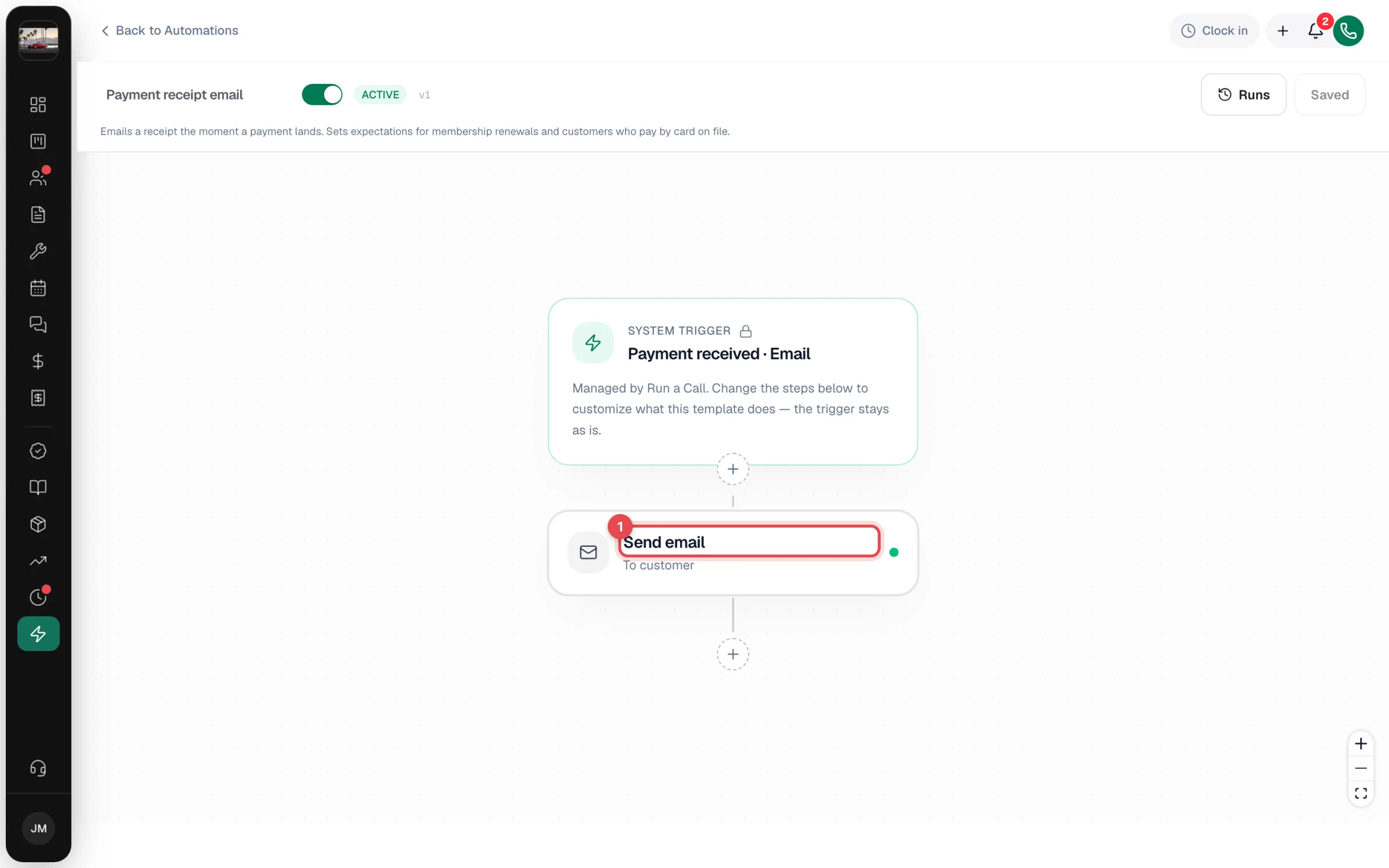 Builder for the payment receipt email with the Send email step highlighted