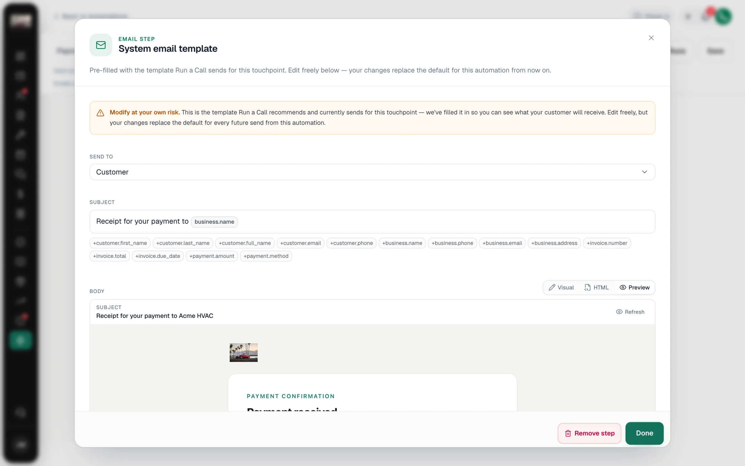 System email template window with the subject and message filled in