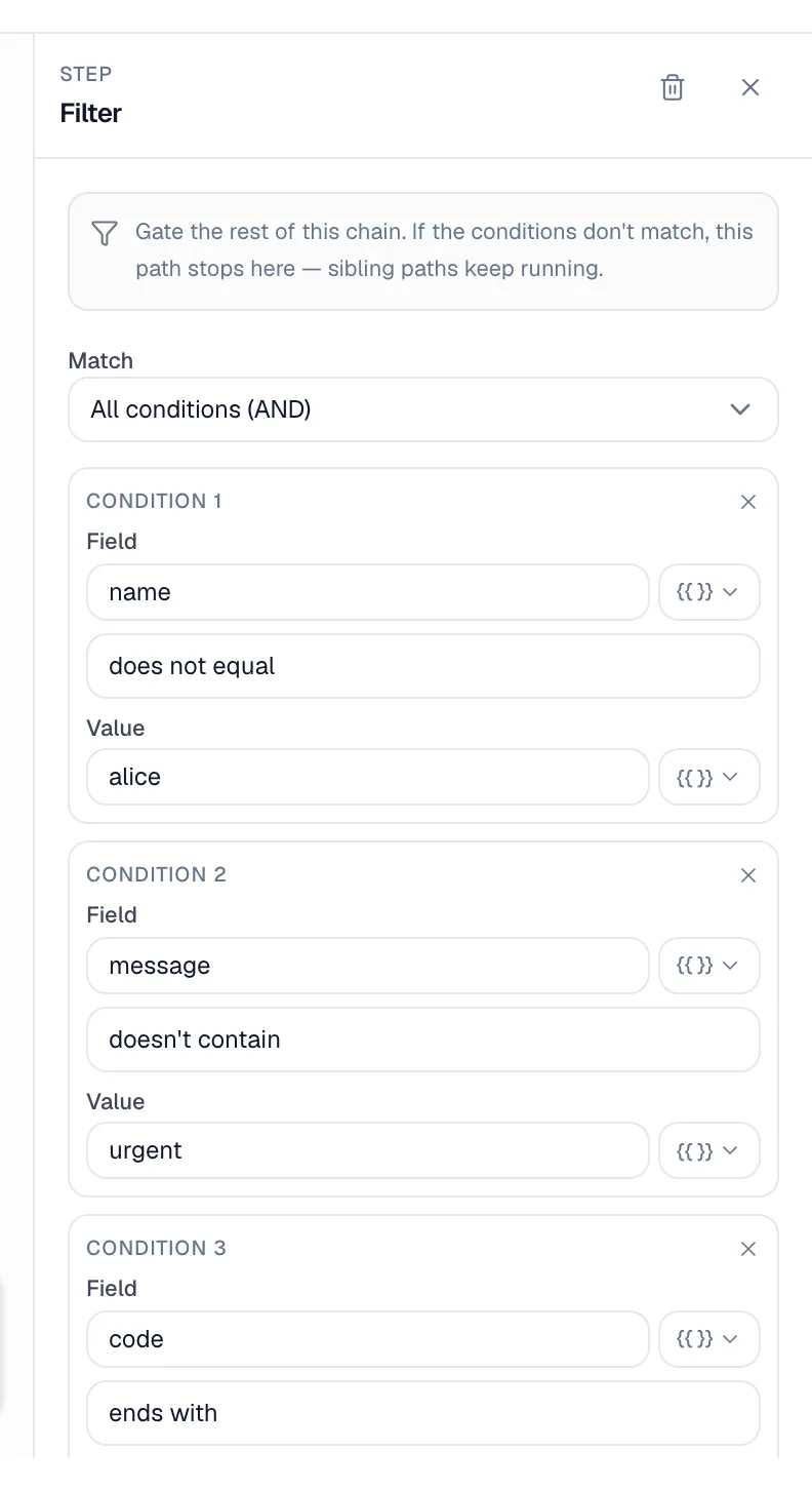 Filter step settings in the automation builder