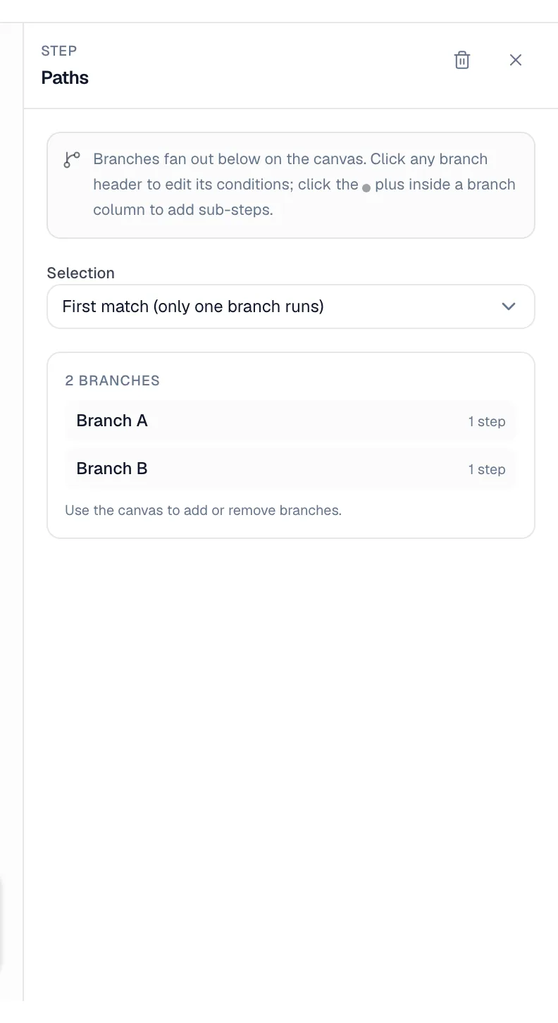 Paths step settings showing the Selection choice and its branches