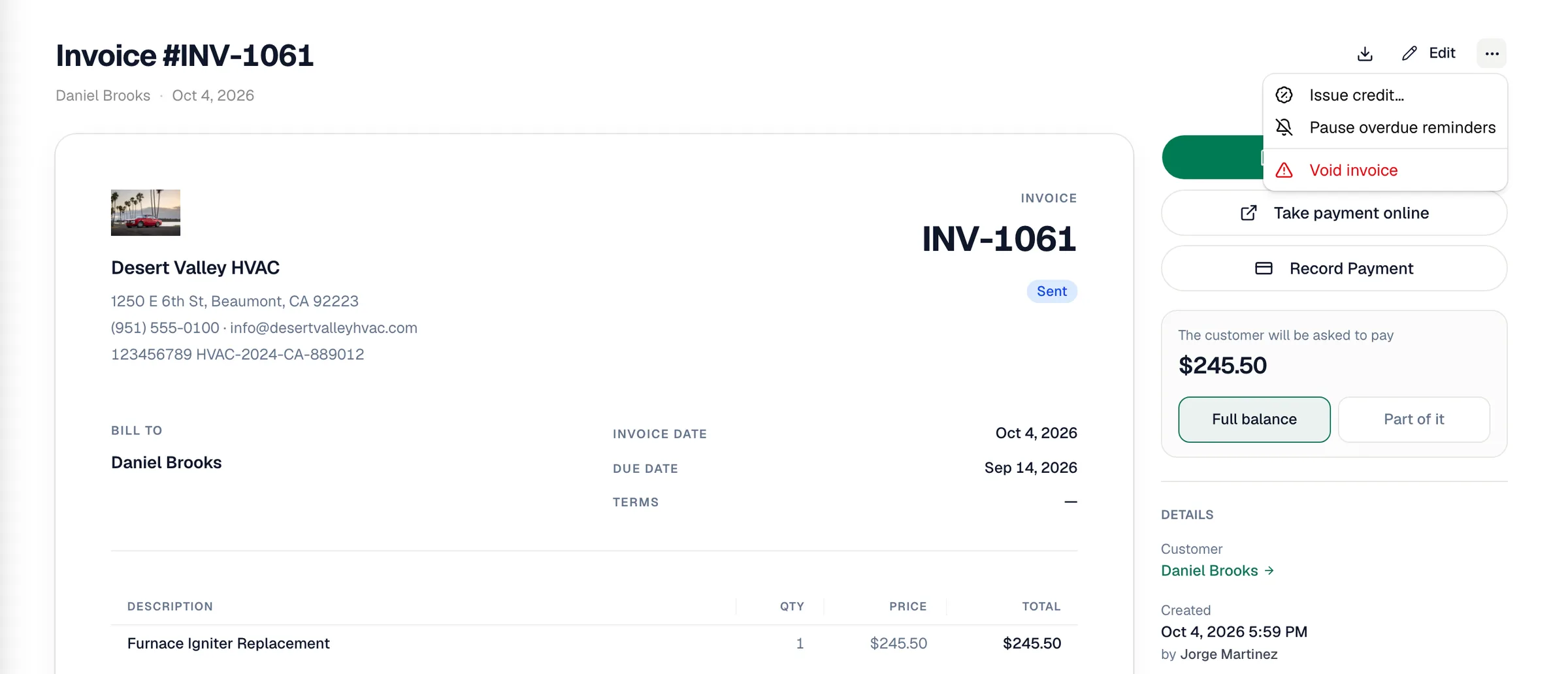 Invoice More menu open with Issue credit, Pause overdue reminders and Void invoice