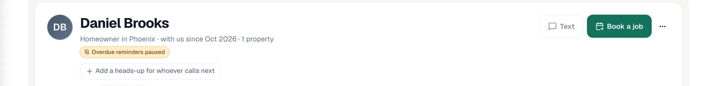 Customer header with the Overdue reminders paused badge under the customer's name
