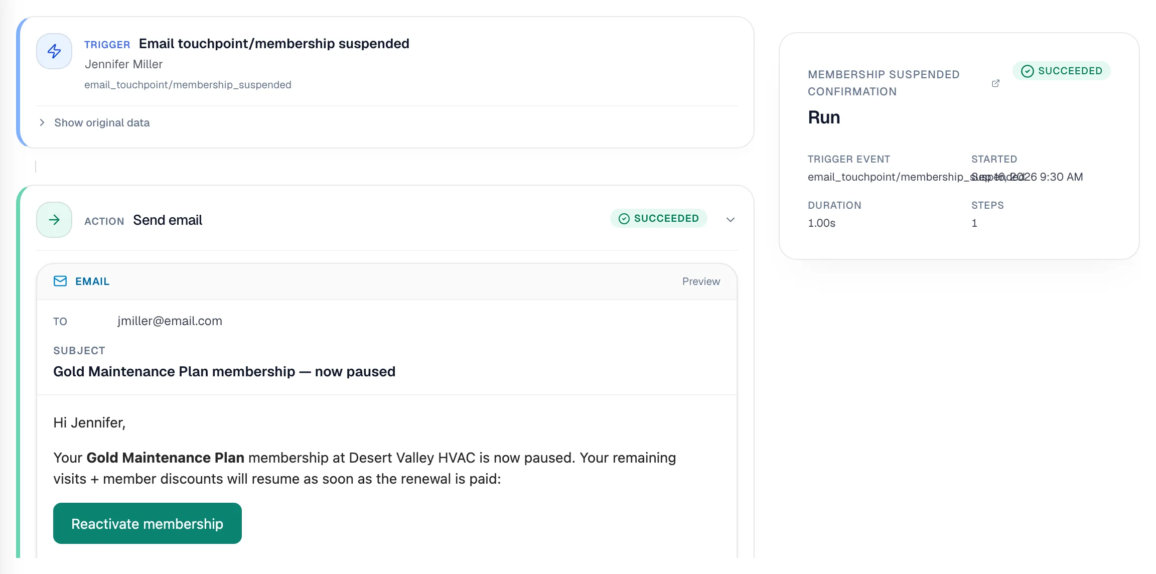 A run showing the trigger, the Send email step with its preview, and the run summary
