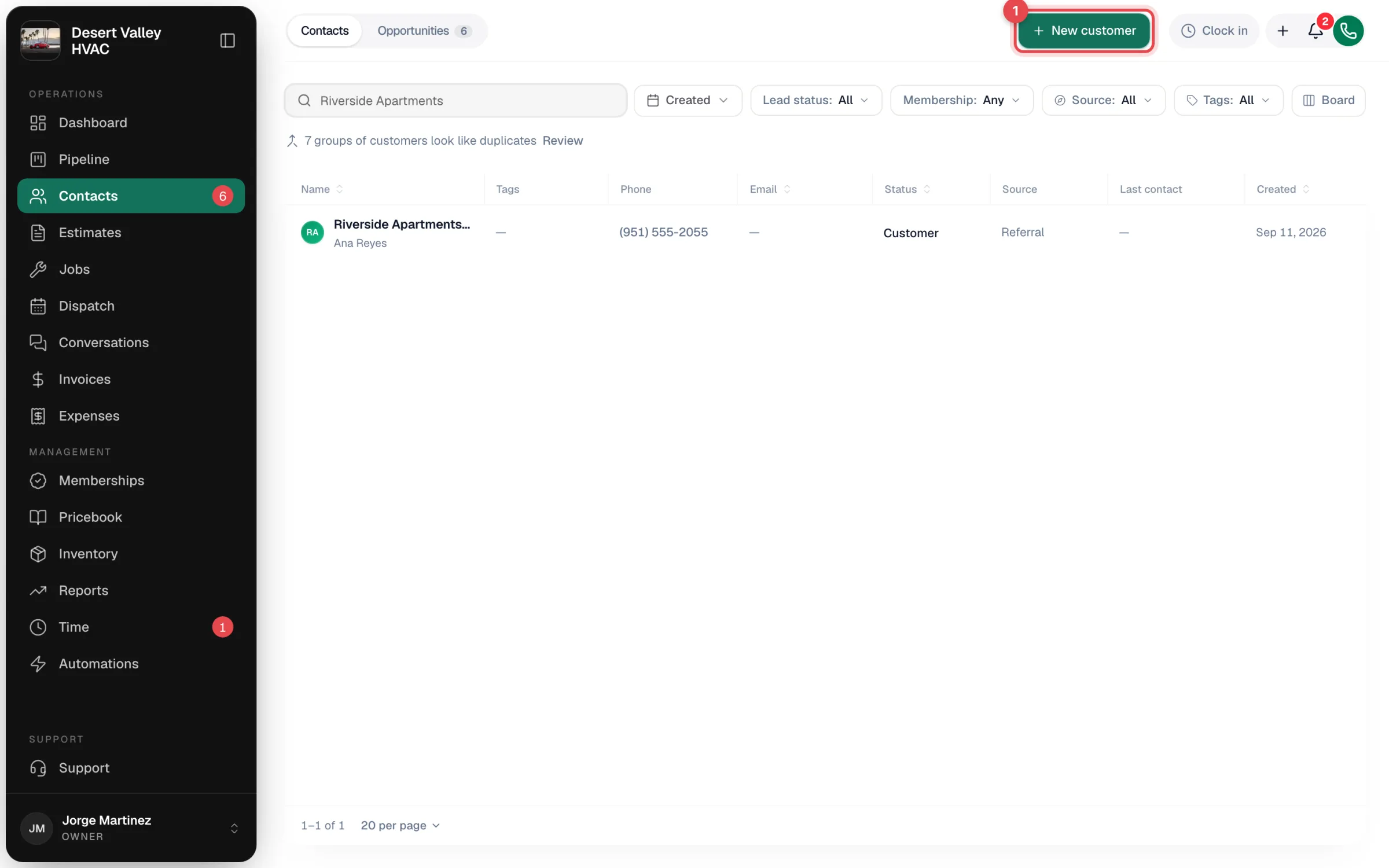Contacts list with the New customer button highlighted
