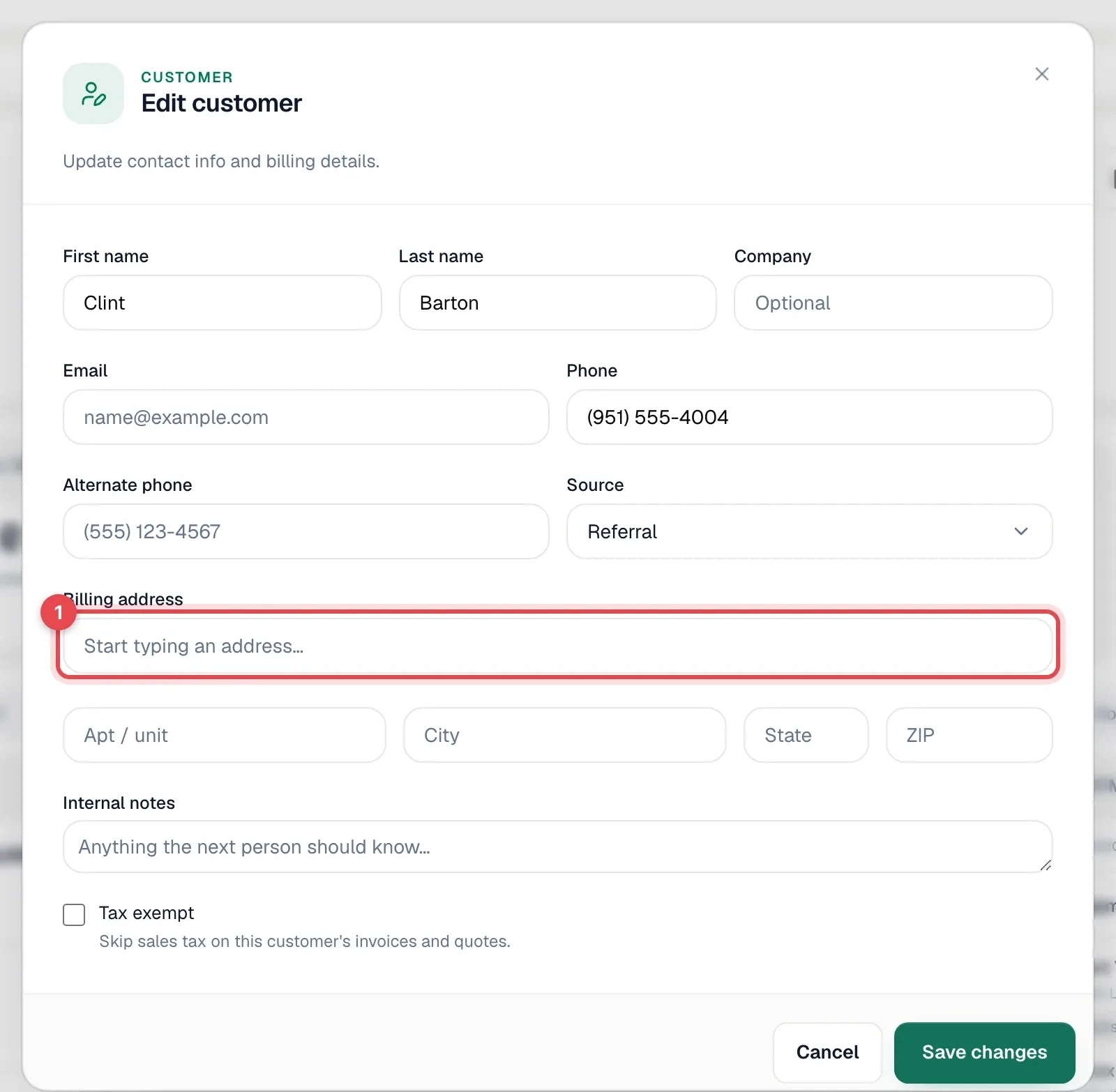 Edit customer window with the Billing address field highlighted