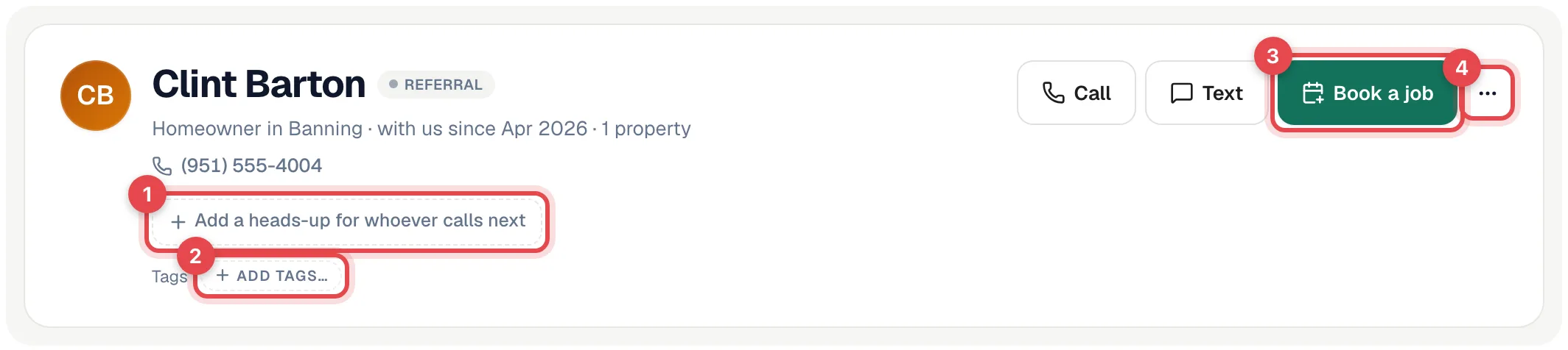 Customer profile header with the heads-up, tags, Book a job and more-actions controls numbered
