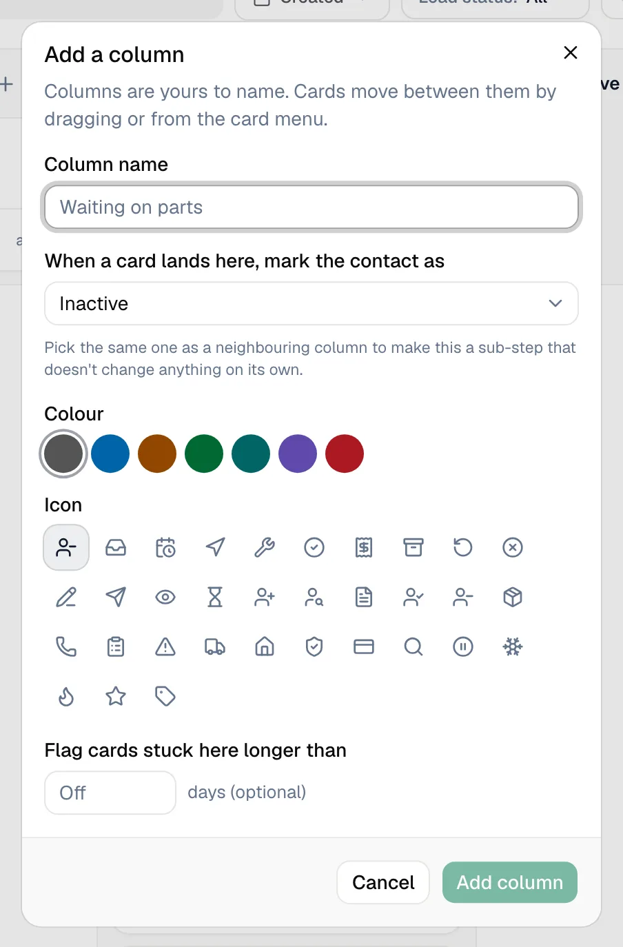 Add a column window for the Contacts board