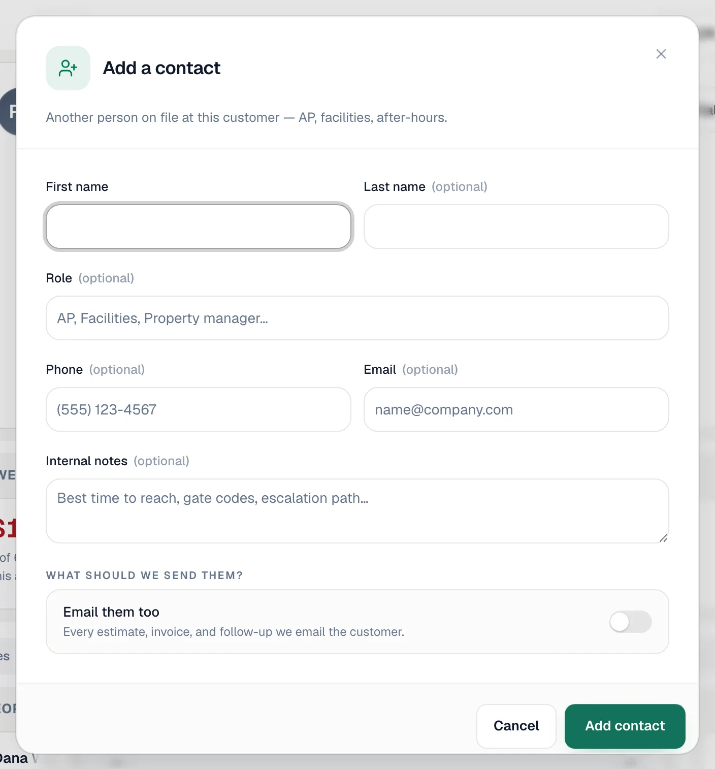 Add a contact window with the Email them too switch