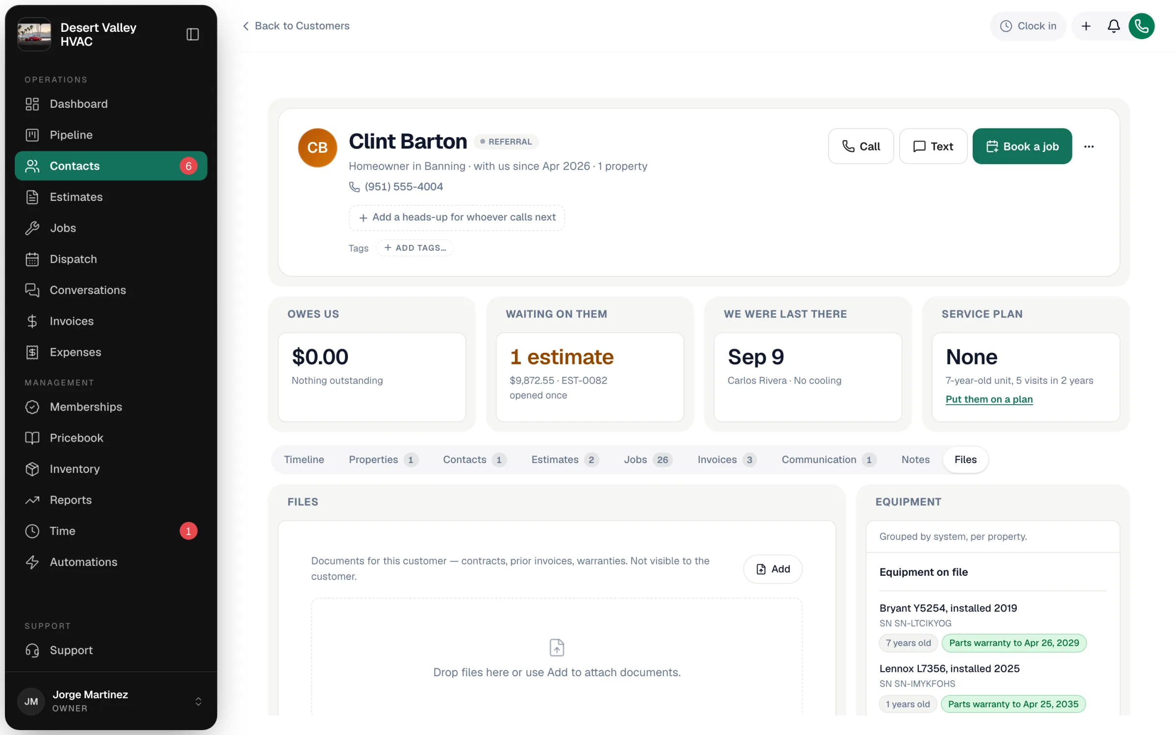 Files tab on a customer profile