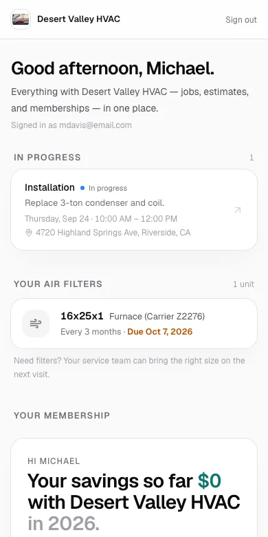 Your air filters card listing a 16x25x1 filter on the furnace with its Due date