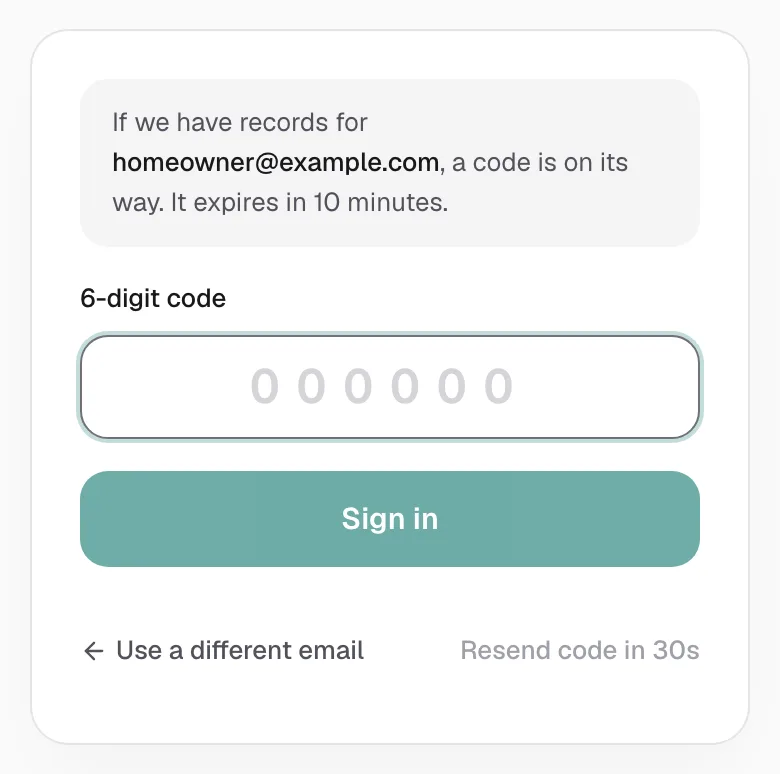 Code step on a phone: the If we have records for this email message, the 6-digit code field, Sign in, Use a different email and Resend code