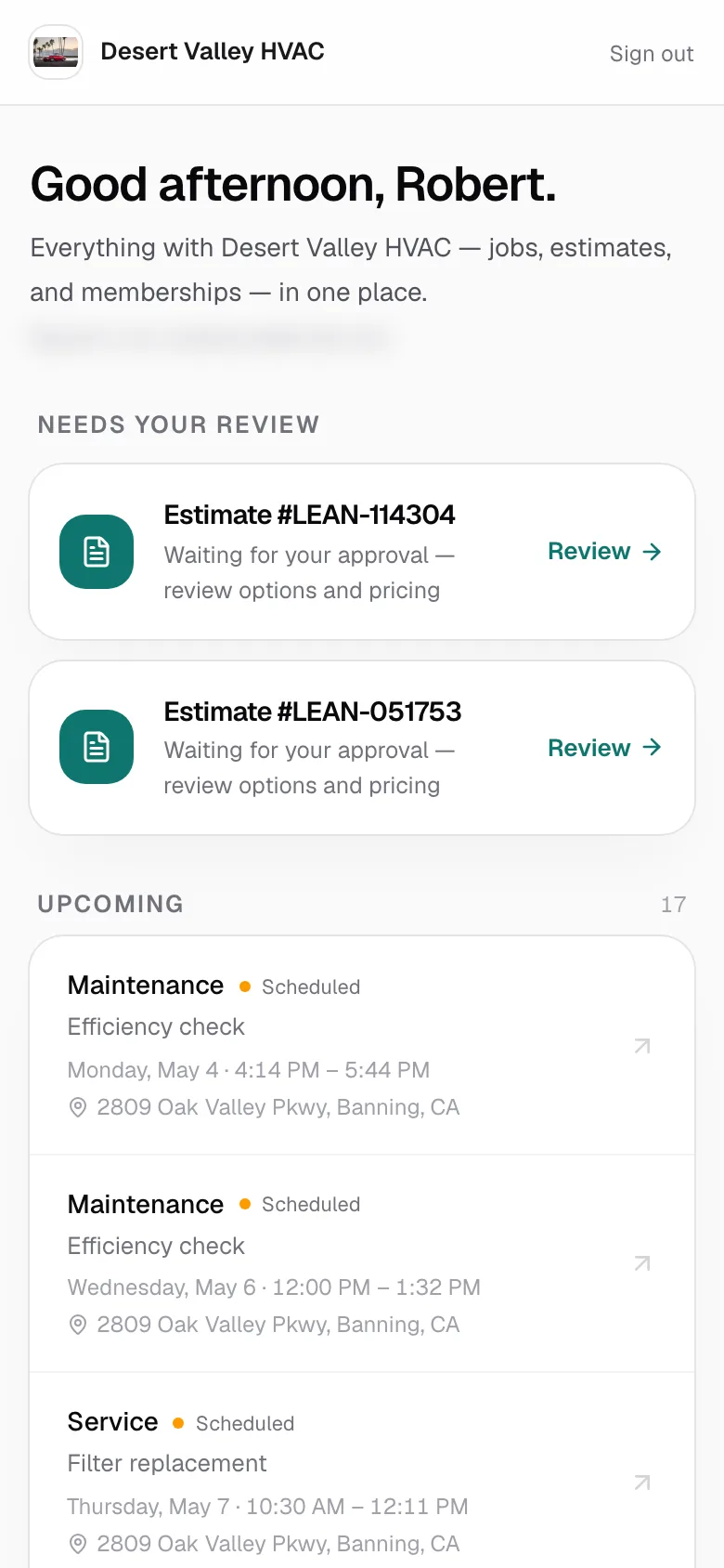 Customer portal on a phone showing the greeting, Needs your review and Upcoming jobs