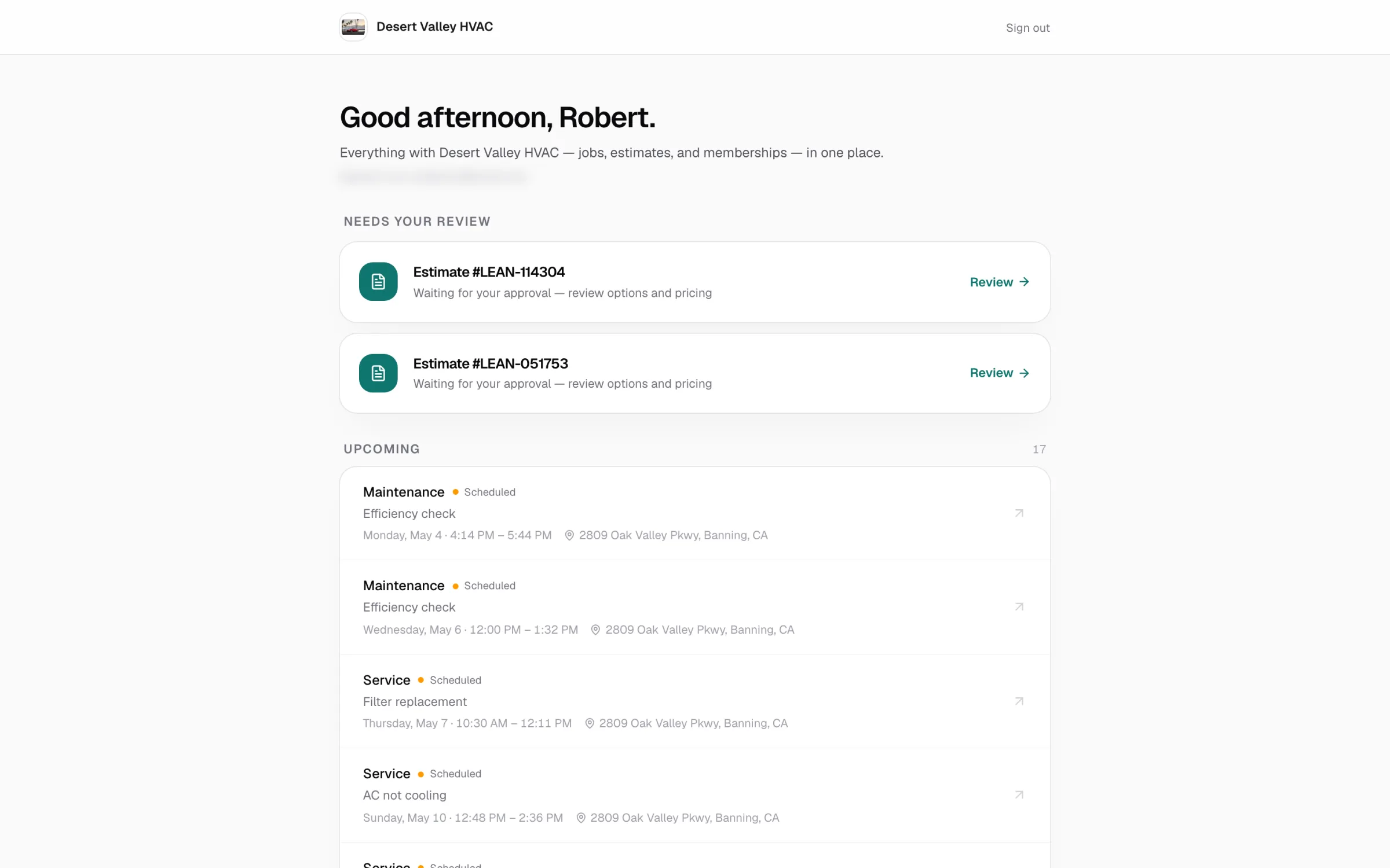 Customer portal home with a greeting, two estimates under Needs your review and the Upcoming jobs list