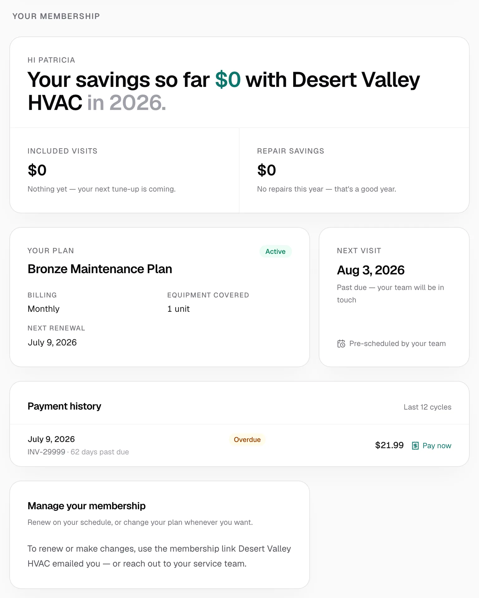 Your membership section with the savings summary, plan card, next visit, payment history with a Pay now link and Manage your membership