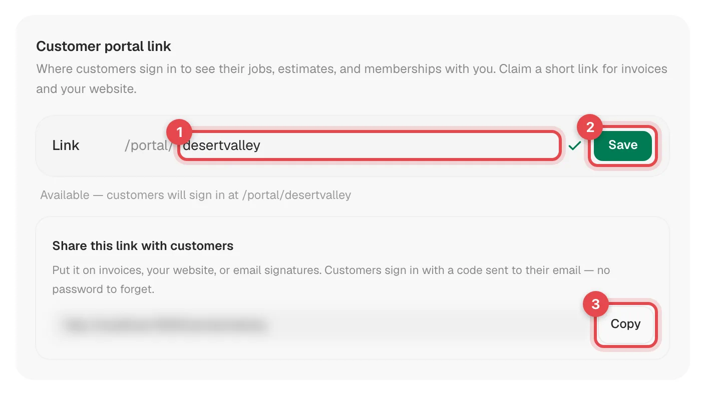 Customer portal link card with the Link field, the Save button and the Copy button highlighted