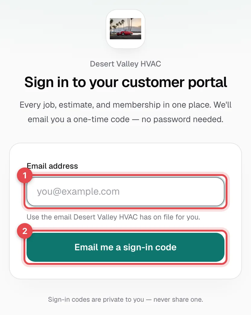 Portal sign-in page with the Email address field and the Email me a sign-in code button highlighted