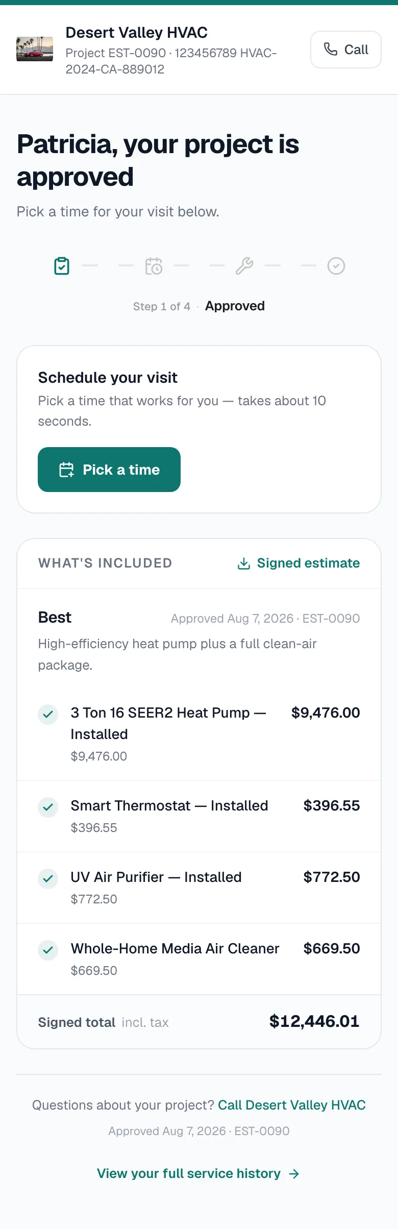 Customer project page on a phone for an approved project, with Pick a time and the approved scope