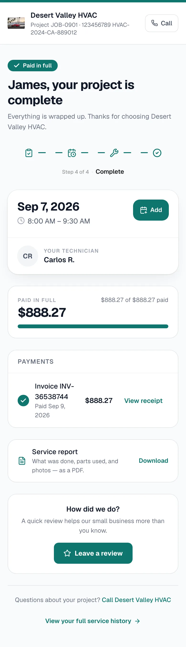 Customer project page for a completed job with payments, service report and review request