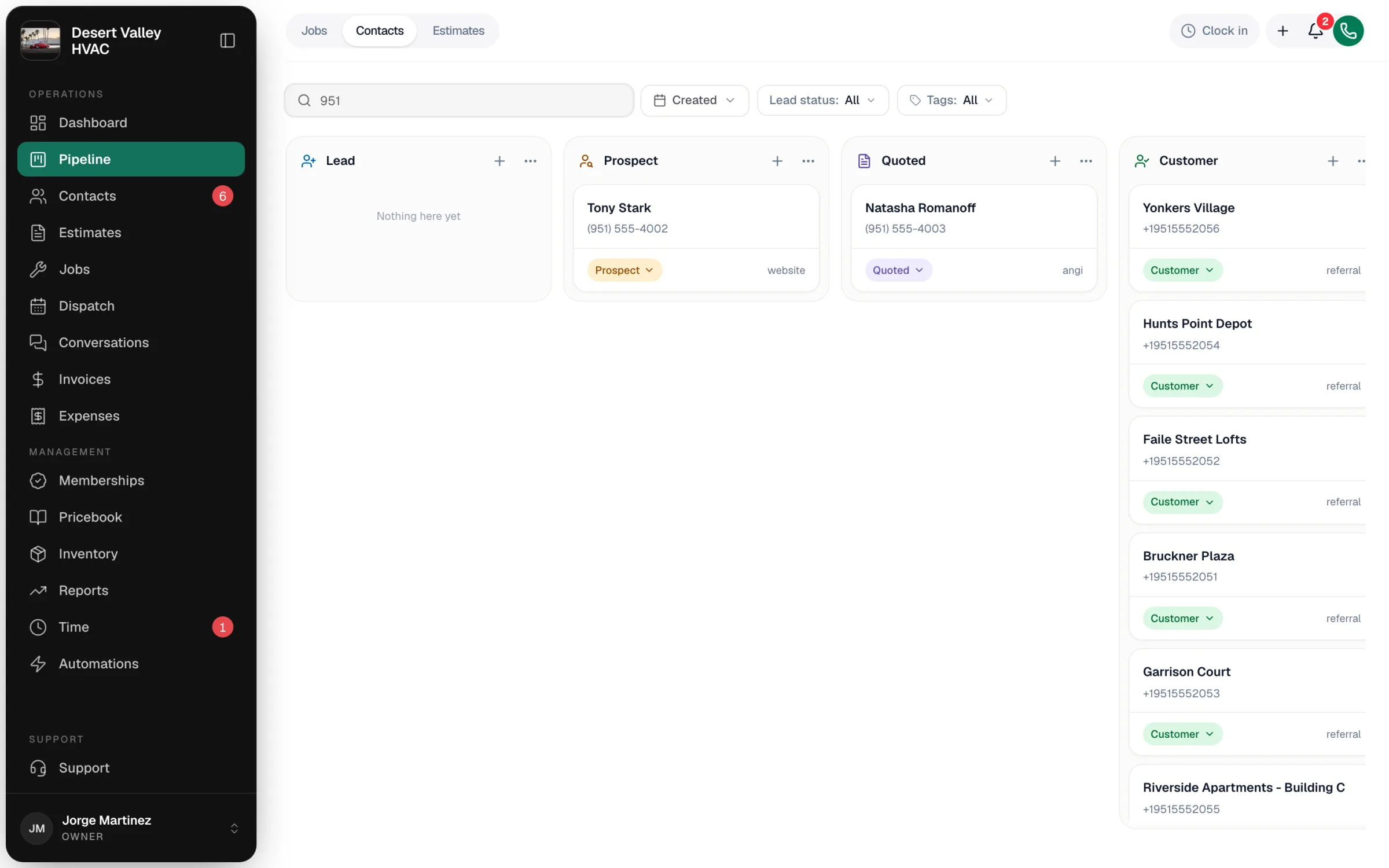 Pipeline page on the Contacts board with Lead, Prospect, Quoted and Customer columns
