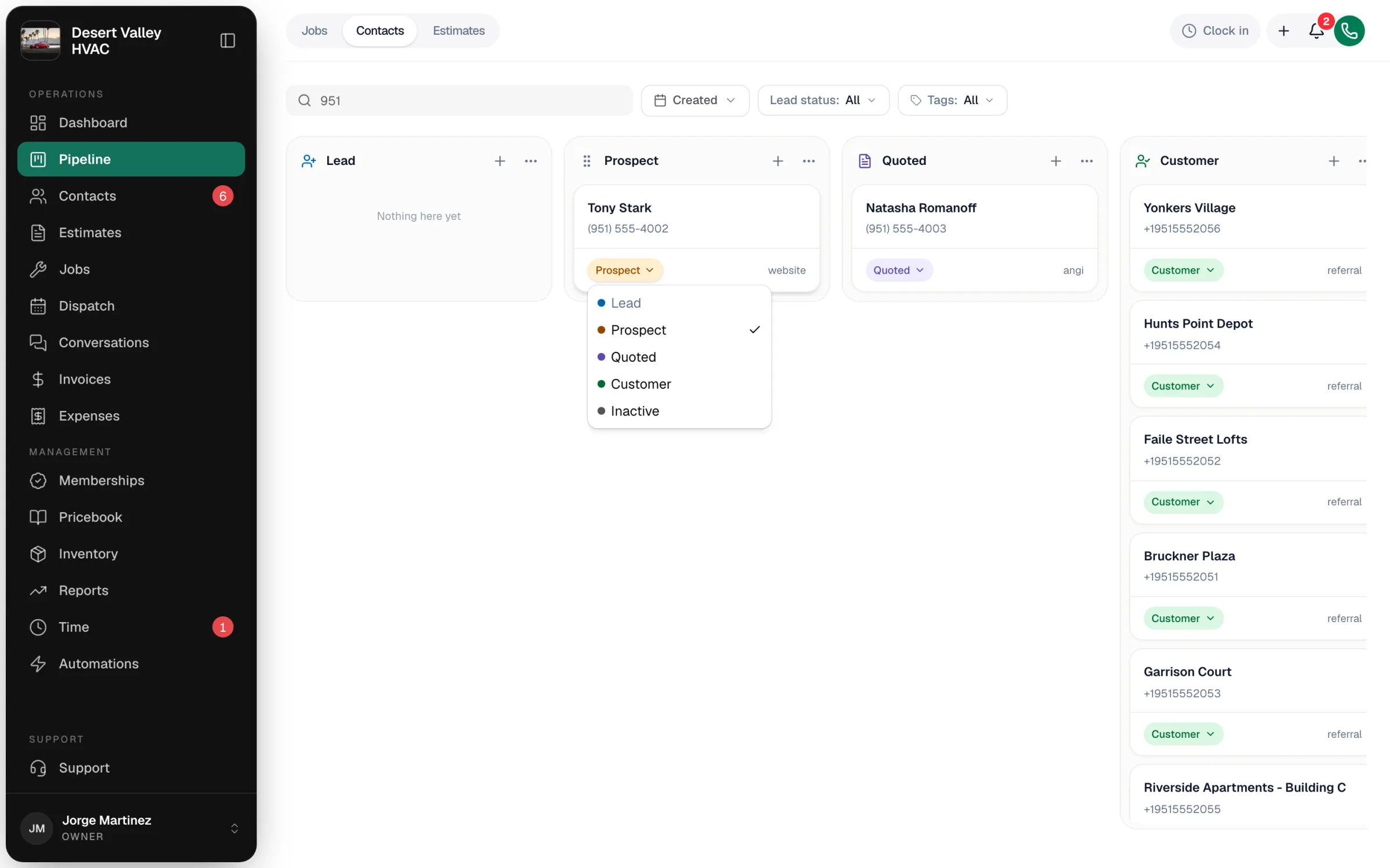 A contact card's status menu open, listing the board's columns
