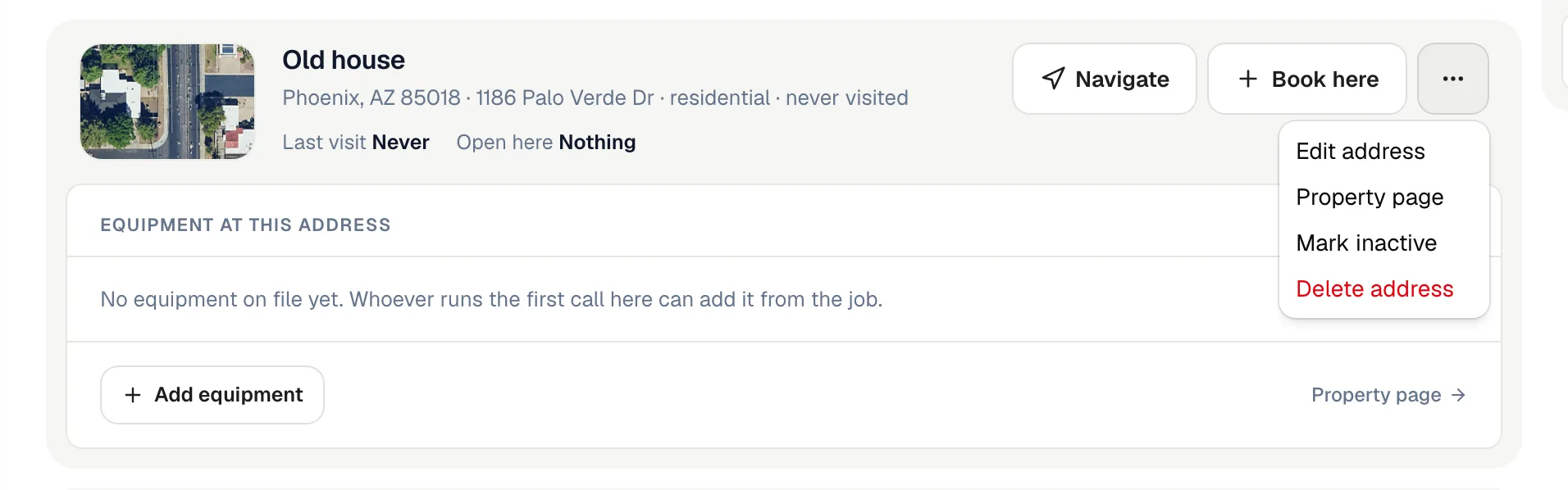 Property card with the address menu open: Edit address, Property page, Mark inactive and Delete address