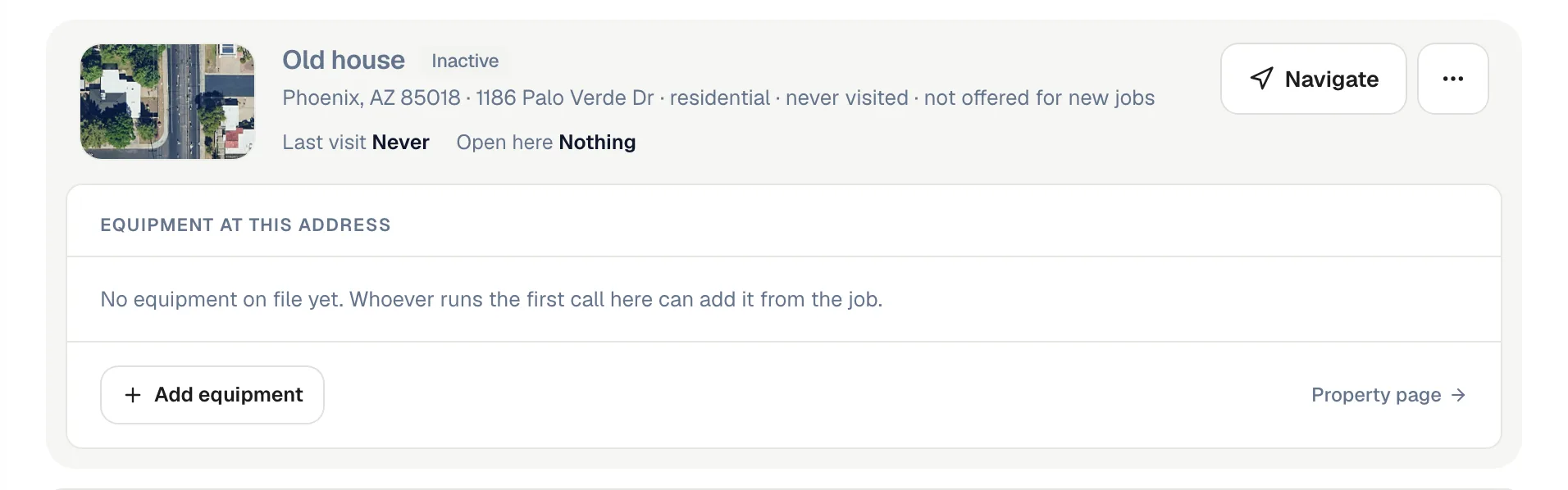 Property card with the Inactive badge, not offered for new jobs, and no Book here button