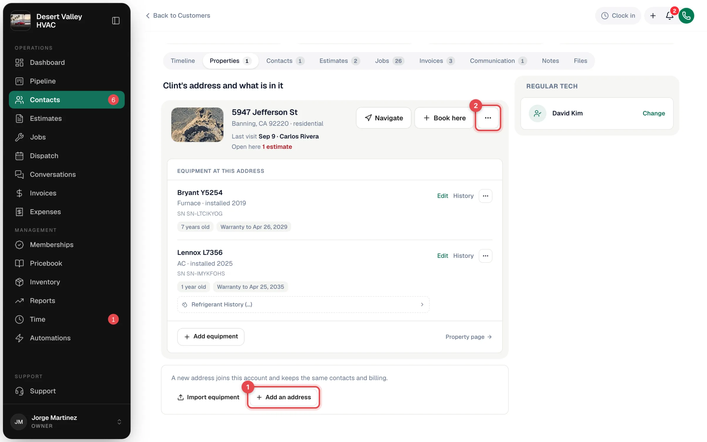 Properties tab with the Add an address button and the address actions menu numbered