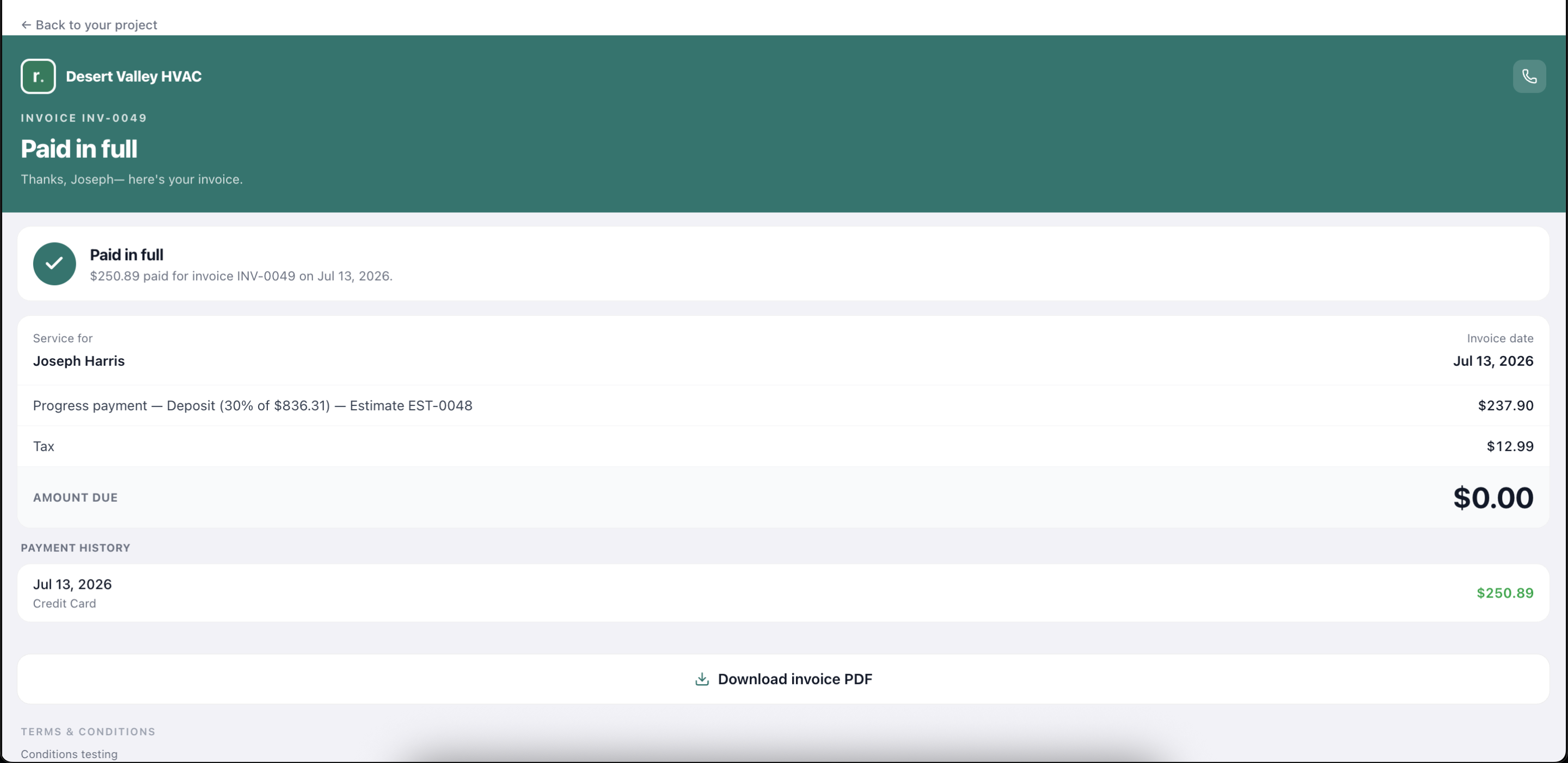 Paid invoice — receipt with PDF download