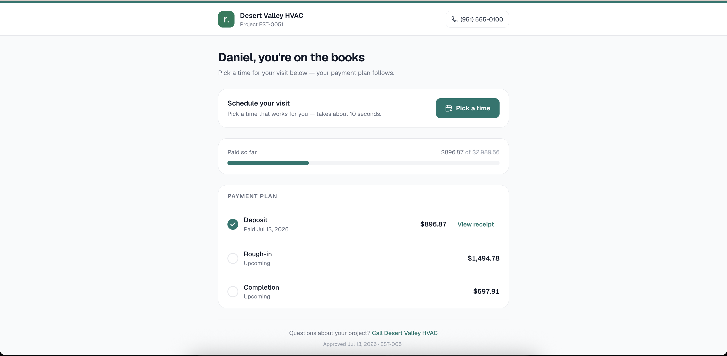 Customer project page — payment plan and visits