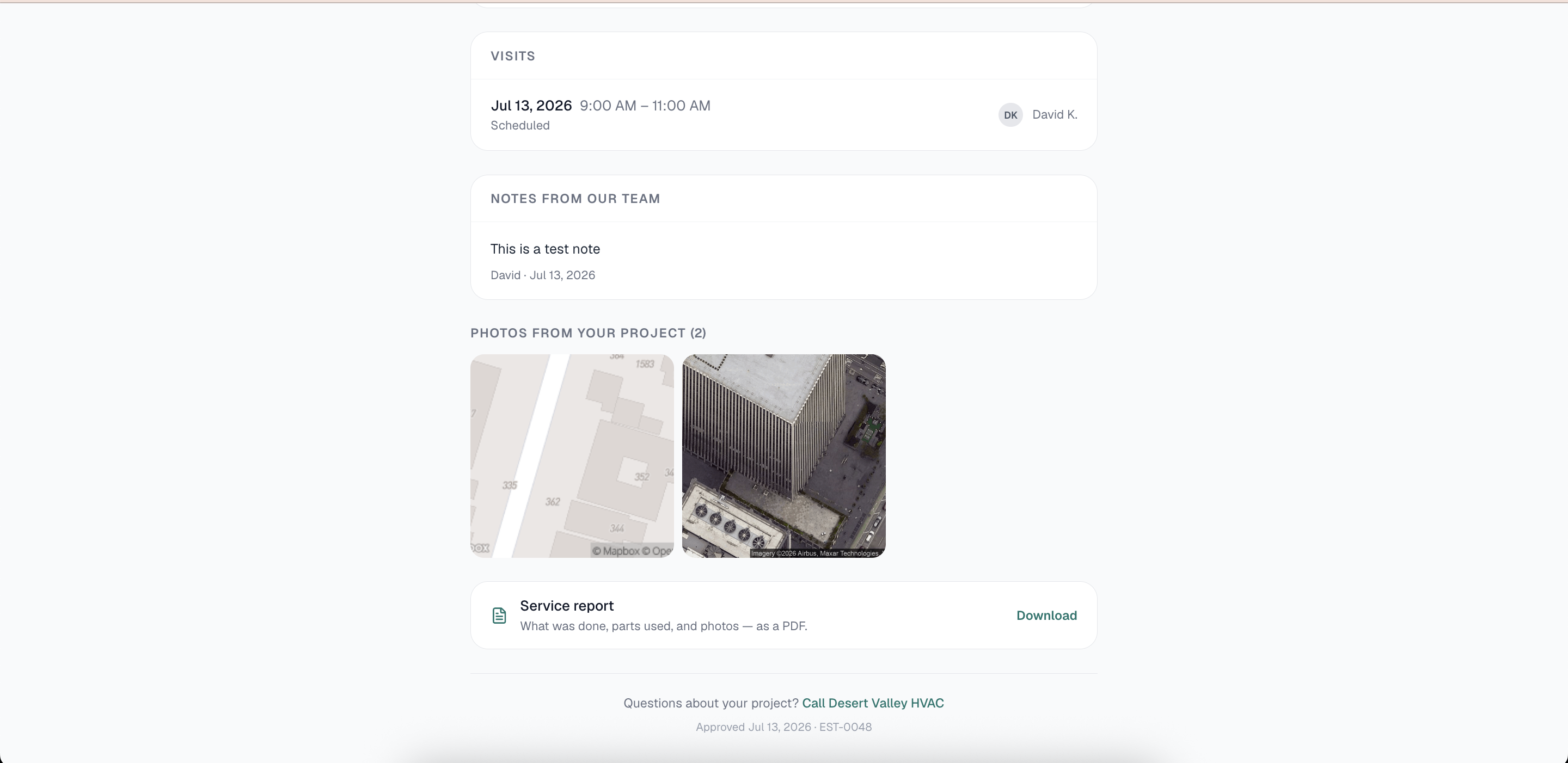 Project page — photos and service report