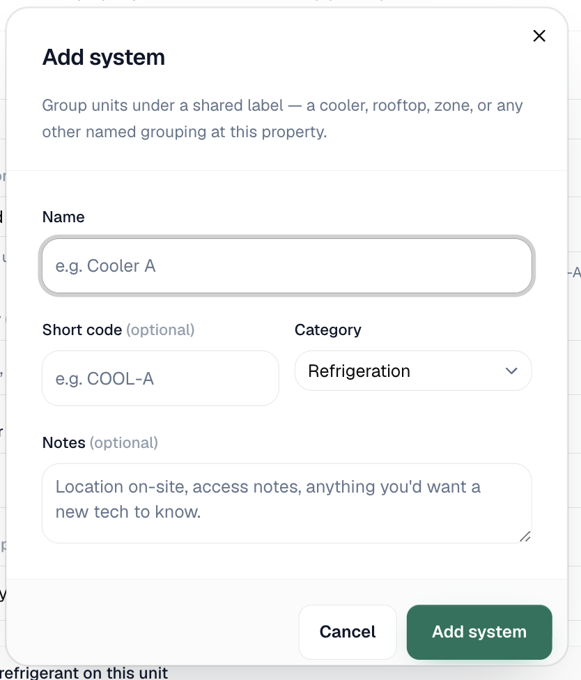 The Add system dialog on a property
