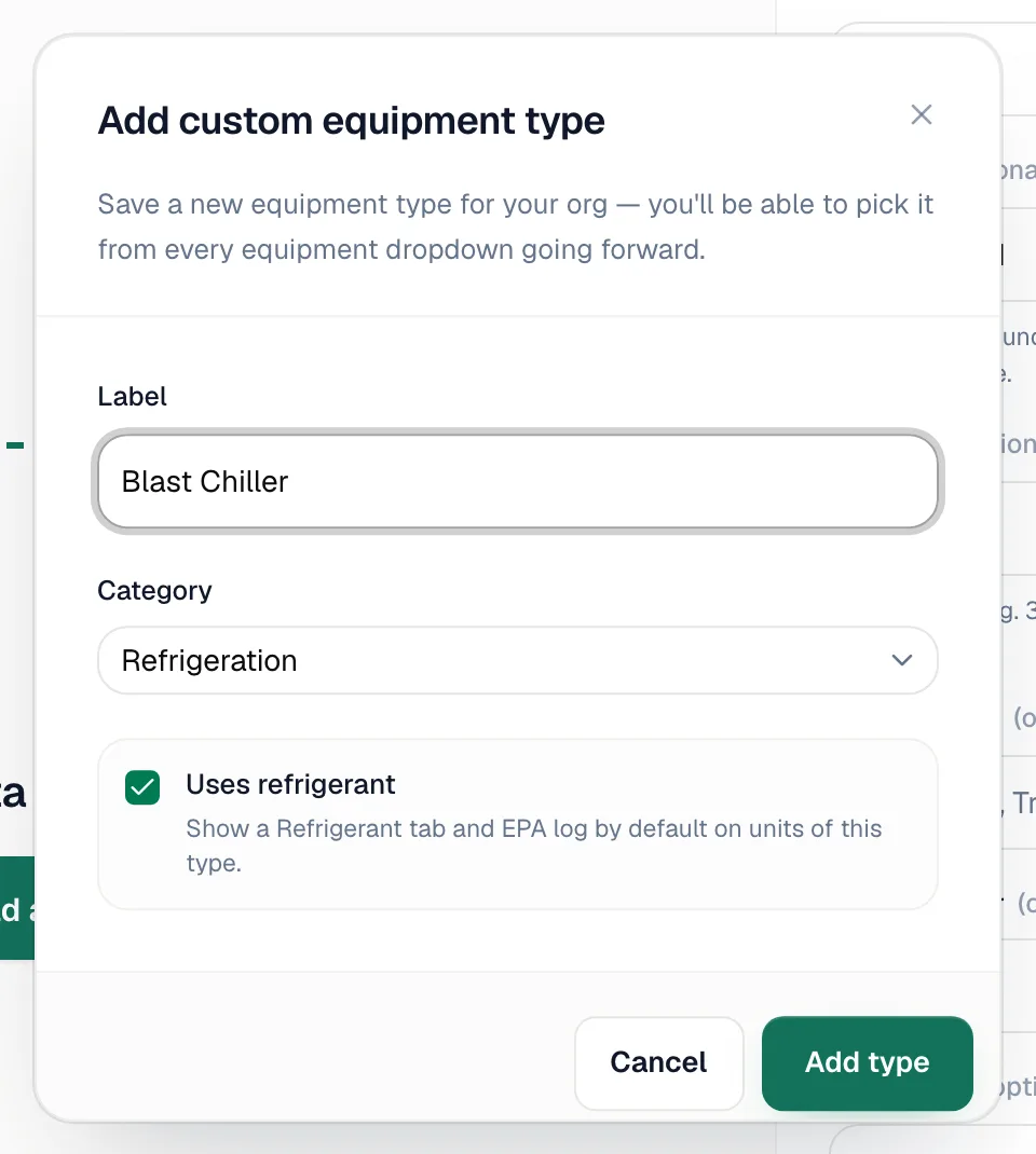 Add custom equipment type dialog with Label Blast Chiller and Uses refrigerant checked