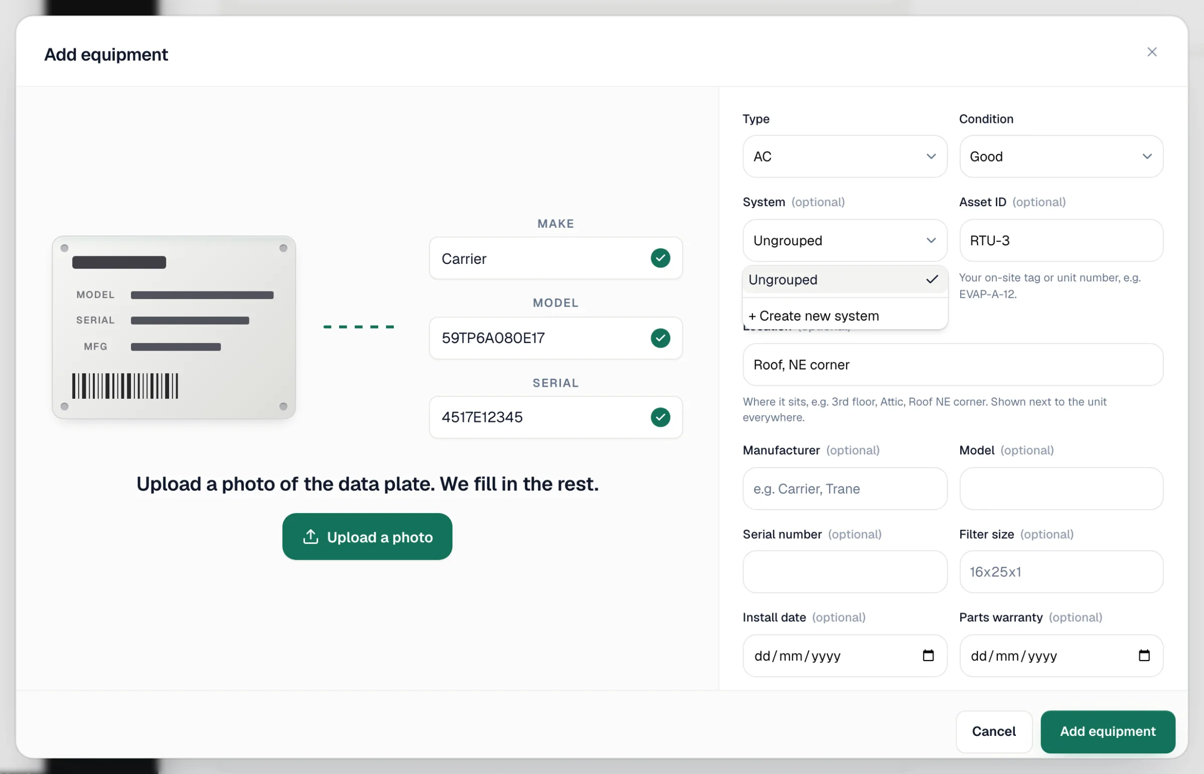 Equipment form with the System dropdown open showing Ungrouped and + Create new system