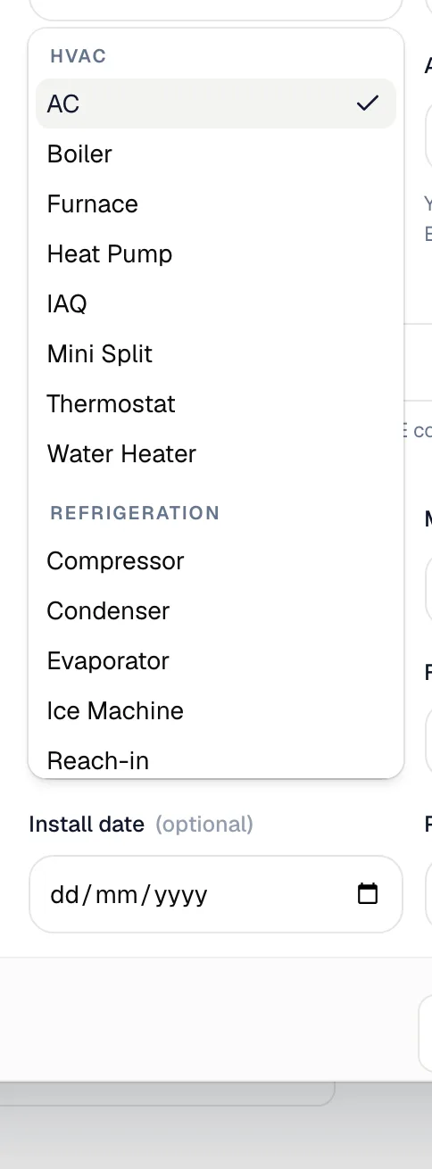 Type dropdown showing the HVAC and Refrigeration groups