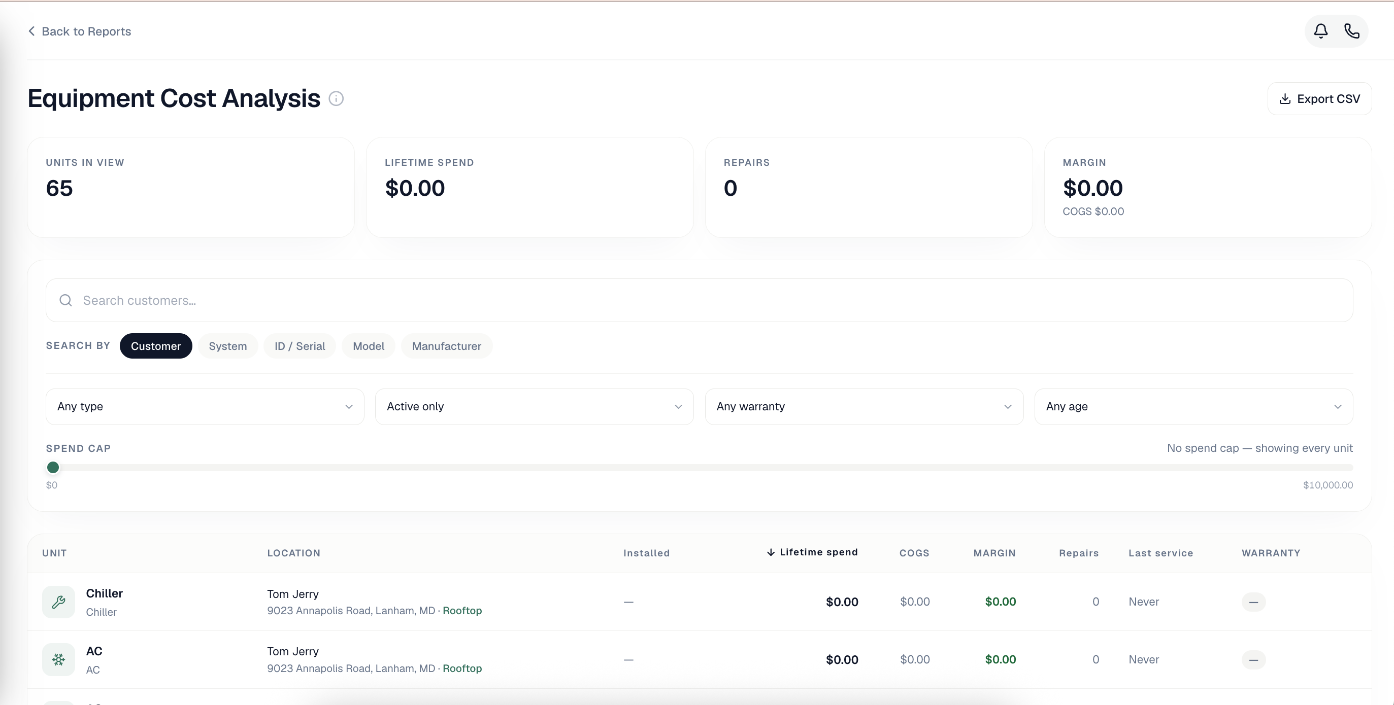 The Cost History tab on an equipment page